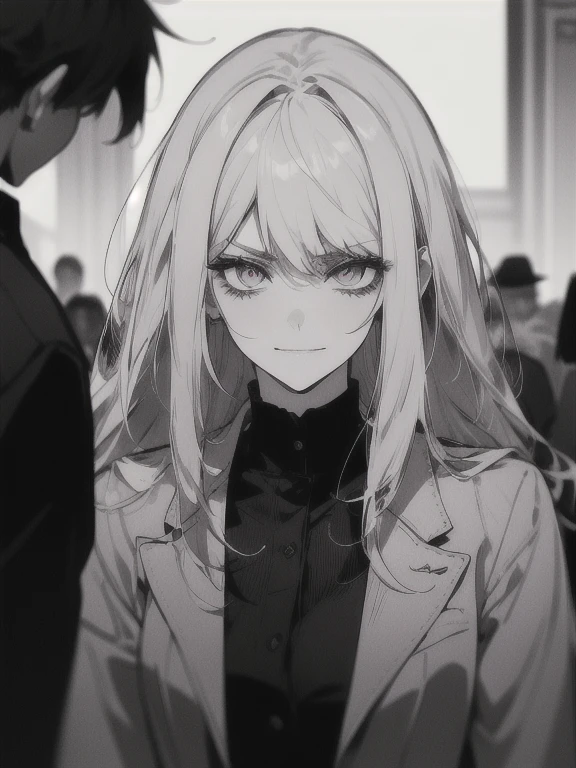 (masterpiece), (best quality), ultra high res, sharp focus, warm pastel tone, ((1 mature woman, solo)), upper body, medium long shot, MLS, black effect, beautiful detailed hair, messy long hair, beautiful detailed face, ((beautiful shapes of eyes)), perfect feminine face, serious face, look at the viewer, smirk, in the crowds, (background blur), style raw --1