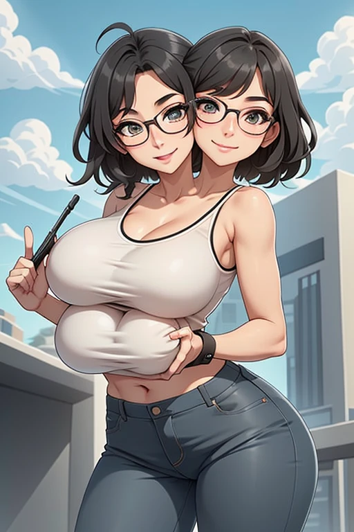 2heads, a short thin woman with 2 heads. She has small breasts. She is outside at the park. She is wearing a band T-shirt. She is wearing jeans. She is wearing thick glasses. She has short black curly hair. She looks young. She has big perky breasts. She is extremely short. She is very thin. She looks seductive. She looks flirty. She looks happy, smiling wide. Blushing. She has small breasts. She has a lot of freckles. She has 2 heads. She is very skinny. Her breasts are small and perky. She is wearing eyeliner. Selfie POV, taking a selfie. Holding phone, taking selfie.