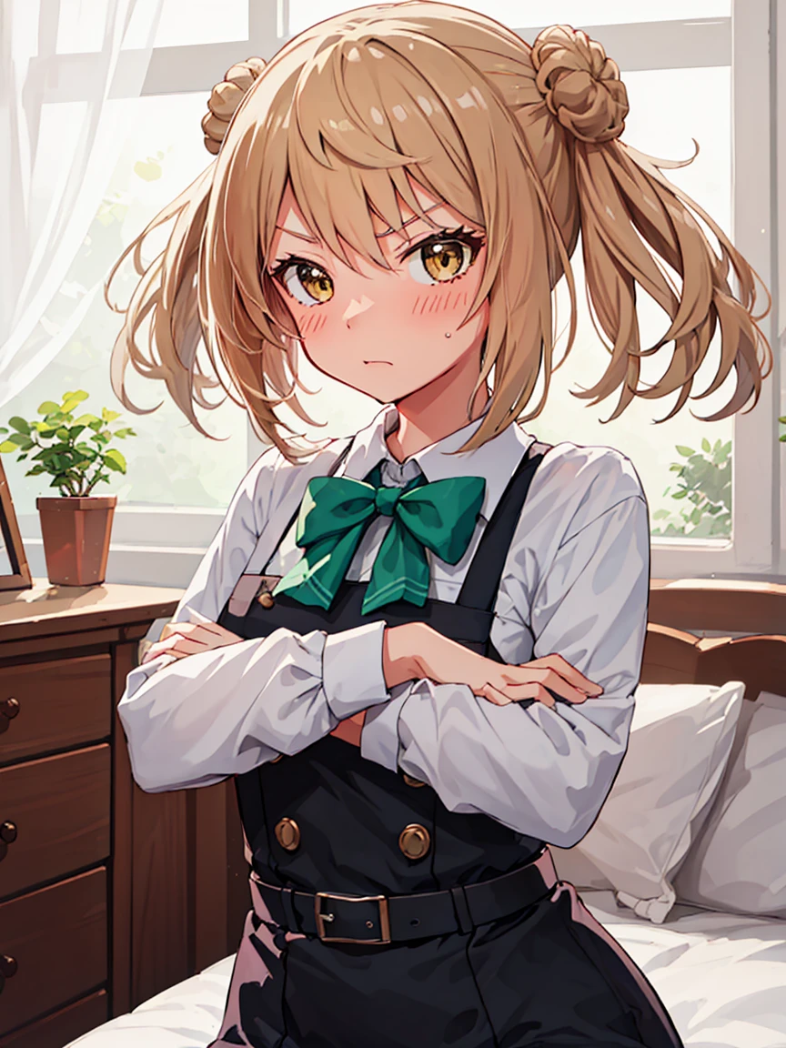 michishio_kantaicollection, twintails, double_bun, hair_bun, short_twintails, light_brown_hair, brown_eyes, blush, bow, yellow_eyes, dress, green_bow, green_bowtie, pinafore_dress, shirt, white_shirt, bowtie, (small breasts, little body), (short stature:1.2), 1 little gilr , solo
BREAK 
crossed arms, (bust up shot:1.2), (face focus)
BREAK
(glaring), >:, (blush), (close your mouth:1.3)
BREAK
official art, best masterpiece, best quality, best resolution, 8K, best detailed, highly detailed hands, highly detailed fingers, very detailed mouth, perfect anatomy
BREAK
(indoor, bedroom), dust, dust, light particles, very fine and detailed 16KCG wallpapers