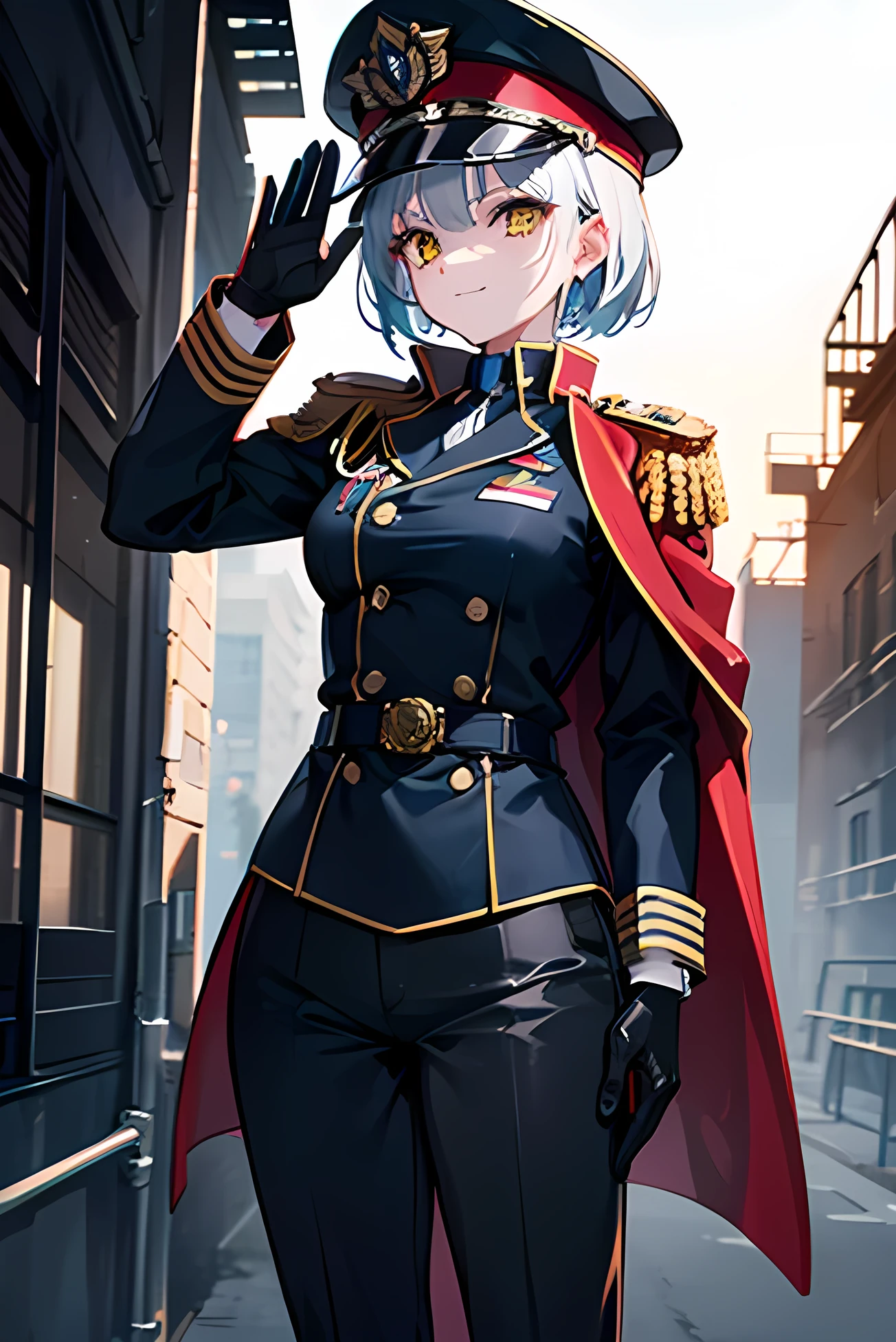 (highres:1.2,ultra-detailed),(anime:1.1),girl,heavy black military uniform,uniform with buttons and epaulettes,detailed badges and medals,impressive military boots and gloves with fine stitching,wearing military cap,waving cape,short white hair,yellow eyes,two soldiers with masks guarding her back on the right and left side,scary smile expression,military base background,industrial setting,detailed facial features,strong pose,fierce look,vivid colors,hint of sunlight,sharp focus,shadows and highlights,professional lighting,physically-based rendering,bokeh.