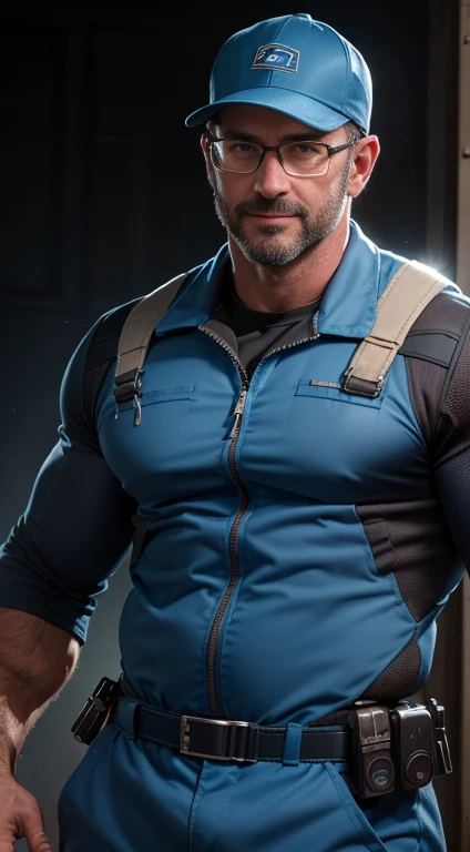 An award-winning original photo，A wild muscular man, (40 years old daddy:1.1), 1boy, Solo, (blue longsleeves mechanic jumpsuit), (tool belt), (blue baseball cap), black hair, (big shoulders), musculature, stubbles, Short beard, Beautiful eyes:1.3, ), (Detailed face:1.3), wearing glasses, smiles, Dynamic Angle, volumetric lighting, (Best quality, A high resolution, Photorealistic), Cinematic lighting, Masterpiece, RAW photo, Intricate details, hdr, depth of field