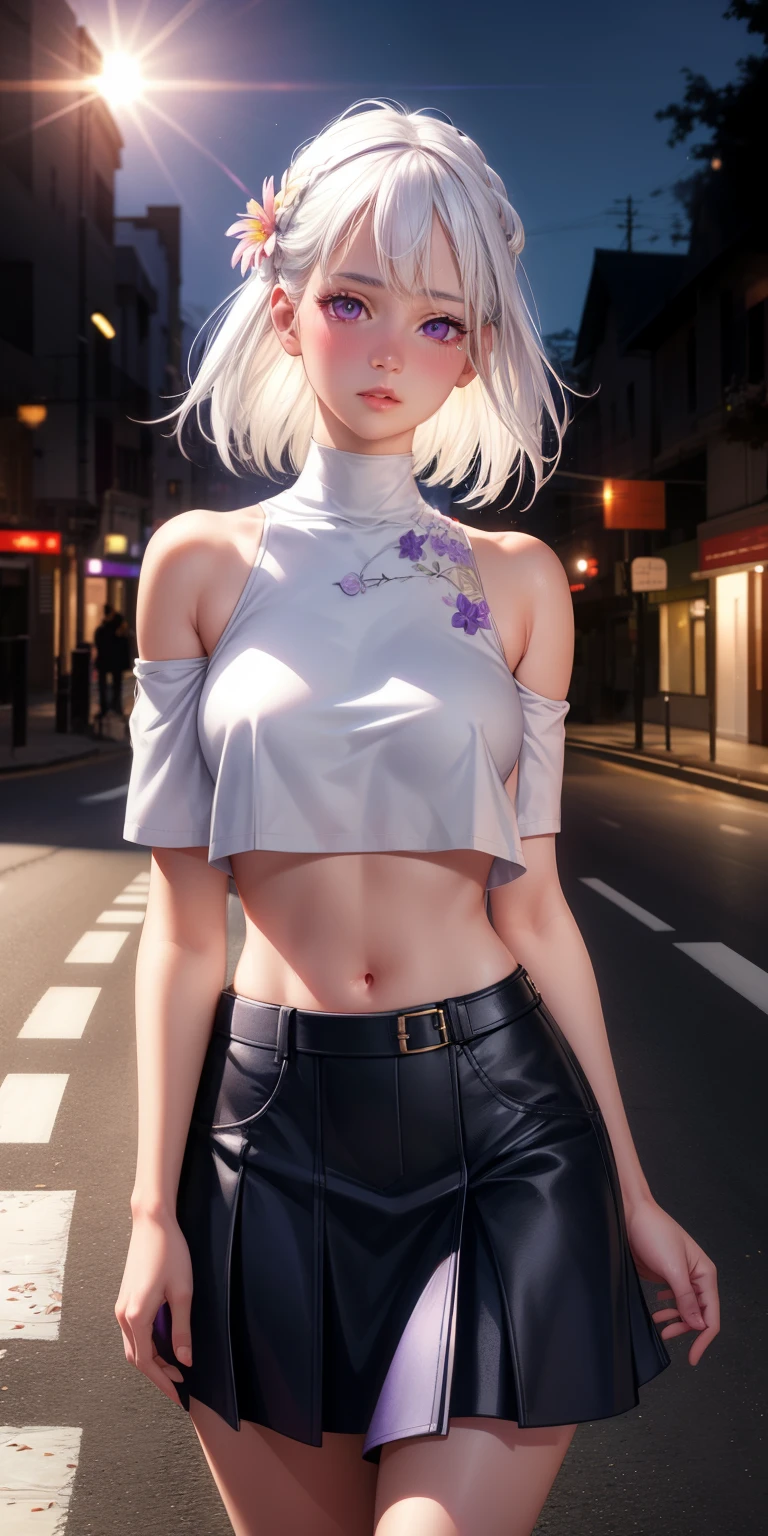 realistic, 1girl, white hair, purple eyes, glowing eyes, crop top, skirt, parted lips, blush, night, flowers, sun, sunlight,naked, standing on road