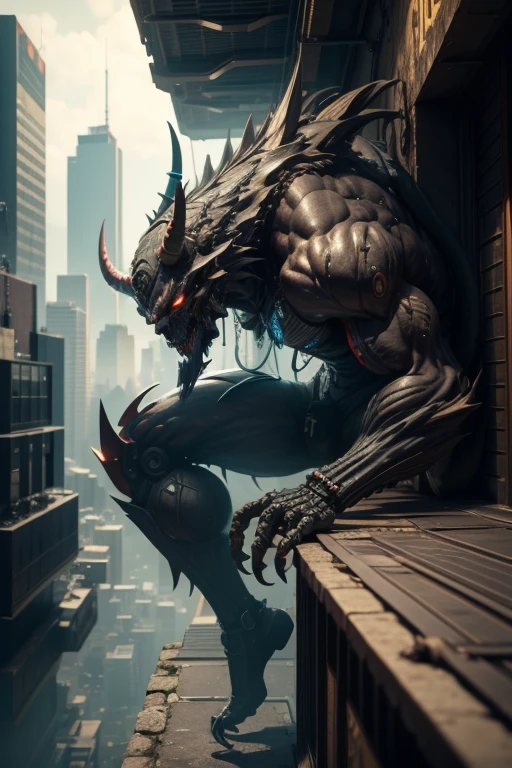 Best quality, 4k,3D, Unreal Engine, Cyberpunk, Oni, Monster, villain, climb on ground