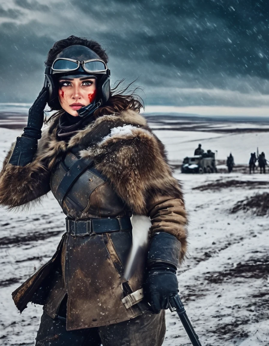 wasteland, Abnormally beautiful female warrior science fiction future fantasy，helmet，Goggles，Blood and dirt on face，Injuried，old，Tragic，Tragic，Movie Stills，Siberia，Vast wasteland，Snow everywhere，Cold night，sci-fi art, in style of Amedeo Modigliani，fighting，War，A lot of fighters，background：Army Group Battlefield，