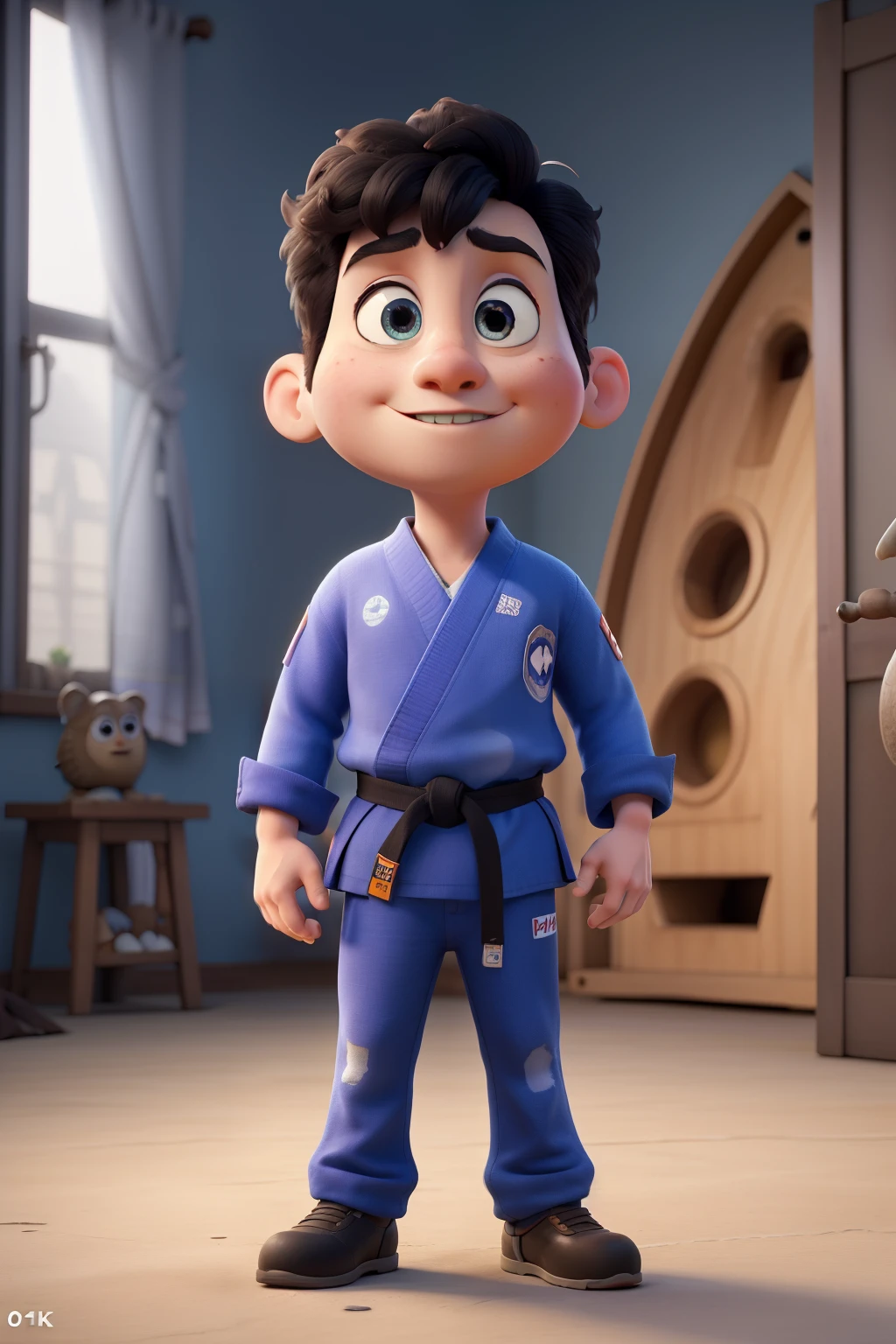 Personaje 3D, un traje de karateka, pelo negro muy corto, ojos azules, hermosos ojos circulares grandes y reflectantes, Logo de SANKENKAI sescrito encima, (Film composition), (Estilo Pixar:1.2), (CGI animation: 1.2), (Disney: 1.2), (dibujo animado: 0.2), (mejor calidad, obra de arte, 4k, Ultra detallado, Sharp focus, 8k, High Definition:1.2), (por Danny Mac 3D, por Follygon), (obra de arte: 1.2), absurdos