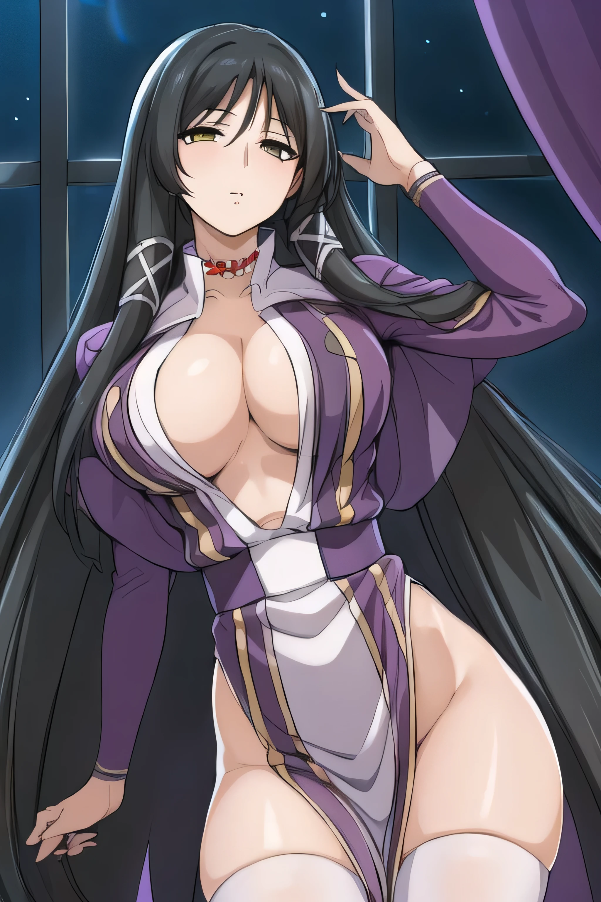 (Night:1.7), in front of a curtained window,curtains,
Standing at attention,
purple outfit,checkered legwear, checkered skirt,thighhighs,argyle legwear,
jewelry,necklace,
black hair,Yellow eyes,very long hair,
1 girl, 24yo,mature female,Beautiful Finger,Beautiful long legs,Beautiful body,Beautiful Nose,Beautiful character design, perfect eyes, perfect face,
looking at viewer, in the center of the image,(Upper_body),(Focus on her face),
NSFW,official art,extremely detailed CG unity 8k wallpaper, perfect lighting,Colorful, Bright_Front_face_Lighting,
(masterpiece:1.0),(best_quality:1.0), ultra high res,4K,ultra-detailed,
photography, 8K, HDR, highres, absurdres:1.2, Kodak portra 400, film grain, blurry background, bokeh:1.2, lens flare, (vibrant_color:1.2)
(Beautiful,large_Breasts:1.0), (beautiful_face:1.5),(narrow_waist),