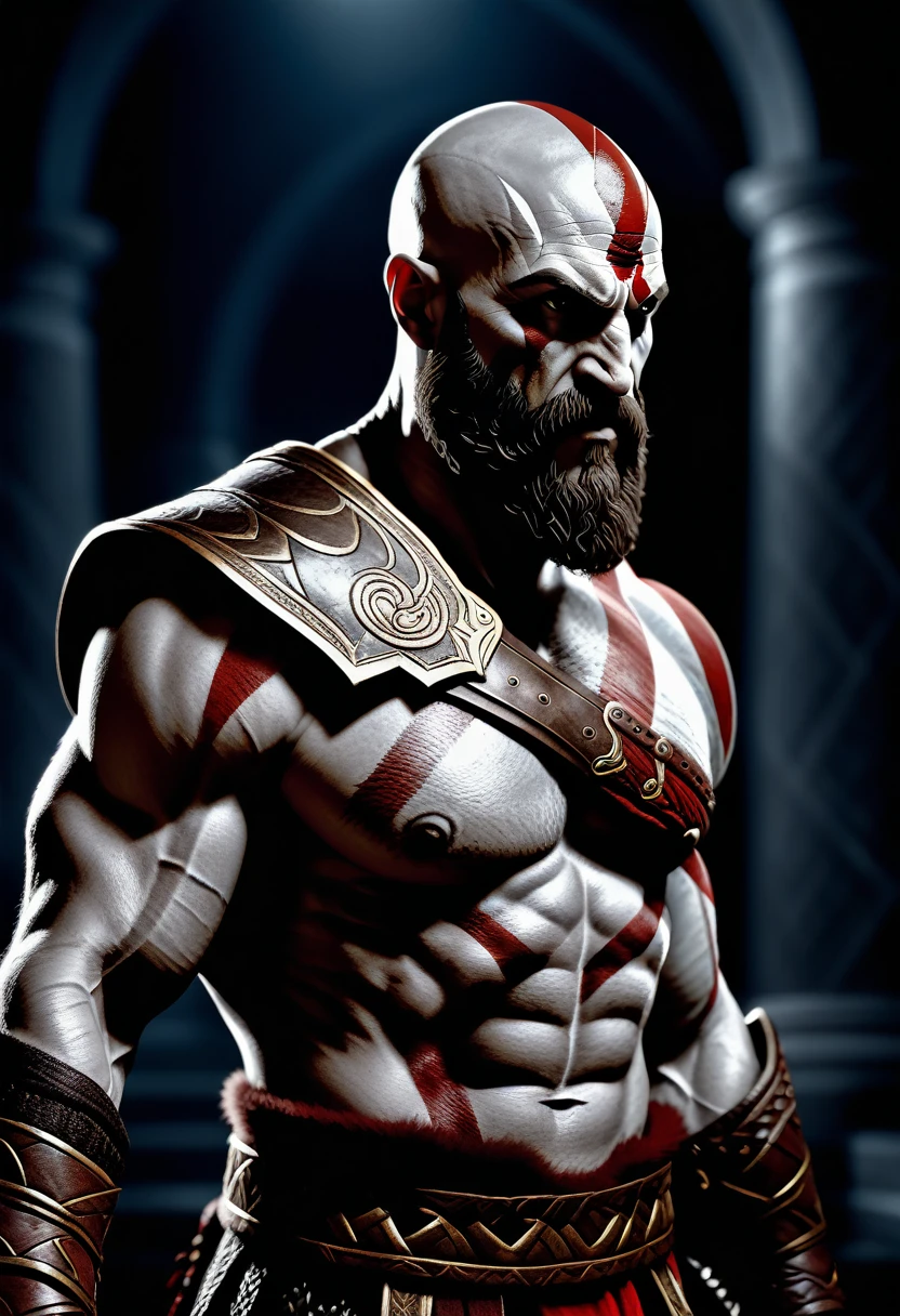 a cinematic take on god of war, (corpo musculoso:1.2), (Escuro:1.2), (cinematic atmosphere:1.2), RAW photo shot by dslr Fujifilm XT3 depth of field bokeh soft lighting film grain photography Realistic photorealista Lifelike, (fundo detalhado da foto de roupas) (Totally clear:1.2) intricate 4k 8k uhd quality resolution extremely ultra skin texture, realista, photorealista  (An image of Kratos, highlighting his determined stance and serious expression, as he walks through the halls of Olympus, showing his transformation from a revenge-hungry warrior to a vigilant protector of the gods.)