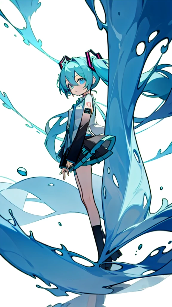 best quality, chibi, 1 girl,  miku, Hatsune Miku, (full body), Pure white background,Vivid,clearly,sad face,rain