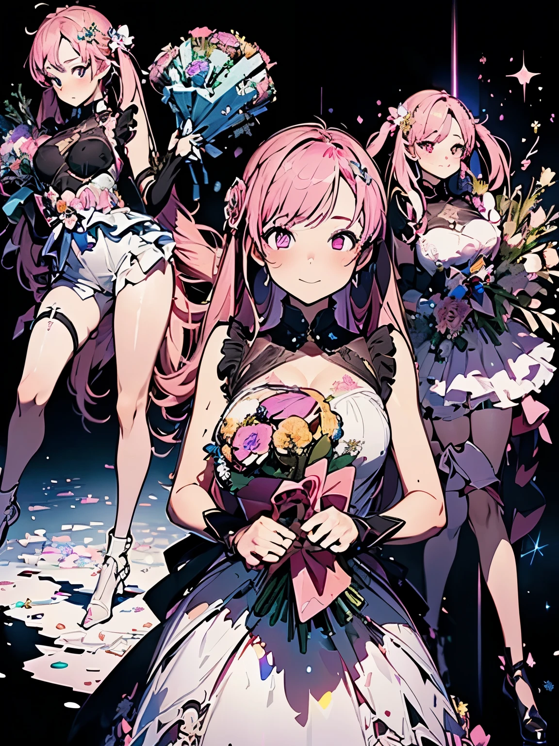 (masterpiece、highest quality、highest quality、Official Art、Beautiful and beautiful:1.2)、(One girl:1.3)Hatsune Miku、Twin tails,Big Breasts,Steampunk Style:2.Equipment、Steam engine、(hand over a bouquet:2)((Tabletop))),((Ultra-detailed,highest quality, High resolution)), (1 girl)((Pink Hair, Long Hair,Straight hair,Both sides up)) (Green Eyes),eye shadow, Eyeliner,Glow Eyes, Ultra-detailed目, Complex eyes, Beautiful Eyes, ((Shining pink eyes))18-year-old girl、Frills.smile .Hourglass background、Big hourglass.((High contrast RGB effect, LED Effect, Kaleidoscope effect, Glowing effect, Ripple effects, Glitter RGB Effect)) (Black background: 1.5)Laughter