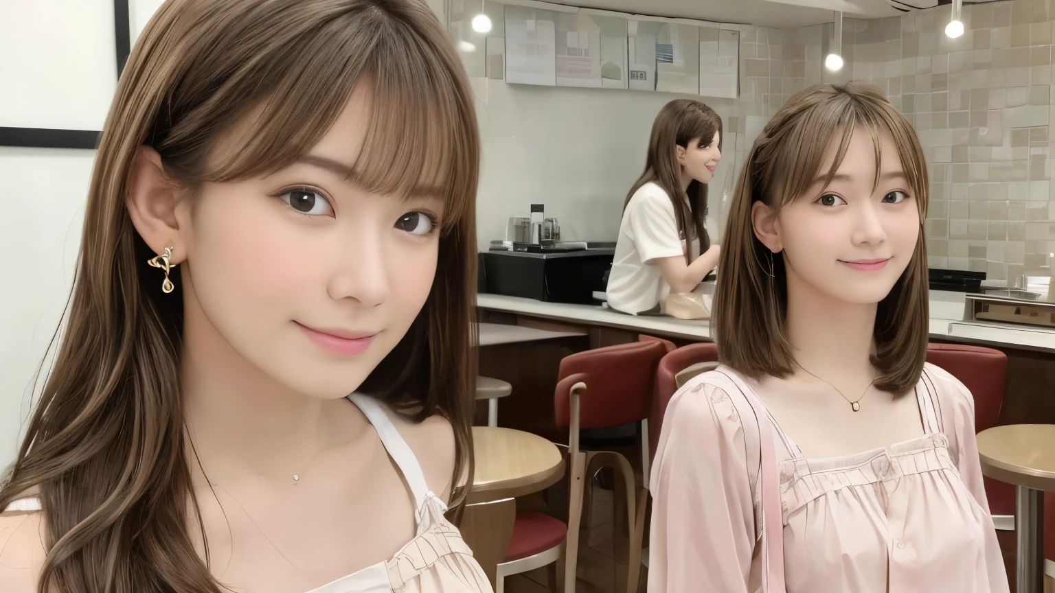 super high quality, Slender, Gravure photoshoot, The staff is working at the counter in the back., (8k、RAW Photos、highest quality、masterpiece:1.2), Japanese Idol, Brown Hair, necklace, Stylish café, The cafe is crowded with people enjoying themselves., (Realistic、Photorealistic:1.37), Mesh Hair, Golden Ratio, Raw photo, Cute face , Light Brown Hair, Earrings, Small breasts, Blurred Background, Spring Clothes, Well-designed furniture, Loose Palmer, Beautiful hairstyle, Spoiled, Open Cafe, A kind smile, Hair blowing in the wind, Neat clothes, Berry Short, 18-year-old,