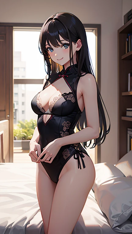 masterpiece, highest quality,健全なphotograph、 One Girl, View your audience, Small waist, RAWphotograph,Ultra-realistic, High resolution, photograph, Sharp focus, Most detailed, Very detailed, Very detailed, In detail, Very detailed目と顔、Idol、Thighs, beautiful girl,View your audience, Small waist,Symmetrical face, whole body、White lace mini cheongsam、White lace knee socks、Cleavage、Large Breasts、Long Hair、はだけたThighs、美しいCleavage、Shaking breasts、Happy smile、bed