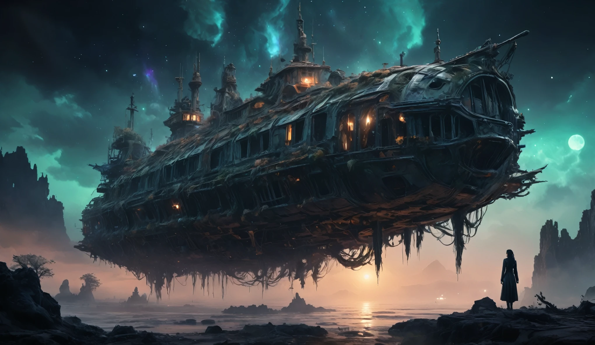 old world world after nuclear war,Intricate and detailed very old clockwork mechanical obsidian alien, (intricate mech details, ground level shot, polished metal, sci-fi, futuristic, Photorealistic, Cinematic, Hyperrealistic, hyperdetailed, splash art, intricately detailed, color depth, colorful background, a masterpiece, 8k resolution, dark fantasy concept art, dynamic lighting,Artstation, deep color, volumetric lighting,full body length,Quartz Lepidolite babygirl in national dress,pretty face,full body shot,ominous landscape,Fluorite chrysocolla atmosphere,by art Simon Stalenhag,Nicola Samori,Wangechi Mutu,prime colors,extremely detailed,masterpiece,intricate details,faded,eyes extremely detailed, high detailed eyes,4k resolution,RAW, Nikon Z9,scary town,full body length,Stone Forest in Yunnan Province of China,ultra-detailed,dark and eerie atmosphere, ethereal presence, hauntingly beautiful, ghostly figures, swirling mists, supernatural entities, demonic essence, shadowy forms, eerie whispers, sinister aura, hauntingly pale skin, dark and twisted branches, flickering candlelight, macabre elements, mysterious and enigmatic, spectral apparitions, gothic art style, hauntingly captivating, spectral realm, hauntingly melancholic, otherworldly beauty, ethereal glow, hauntingly haunting, chilling and atmospheric, eerie and ominous lighting,Impresionismo,starlight color,Fantastic abandoned Ethereal atmosphere,otherworldly charm,Mystic aura,Glowing flowers,floating petal,majestic vines,Glowing Leaves,with a calm expression,Complicated details,Exquisite features,petals in her hair,Light of the sky,harmonious colorystic energy,Surreal atmosphere,Amazing Cleavage,Sublime art,vibrant tones,captivating creationAfter the war,Maritime city,sense of science and technology,The city of the future,Spaceship wreckage,There are giant ships in the sea,Beautiful woman overlooking the ruined city