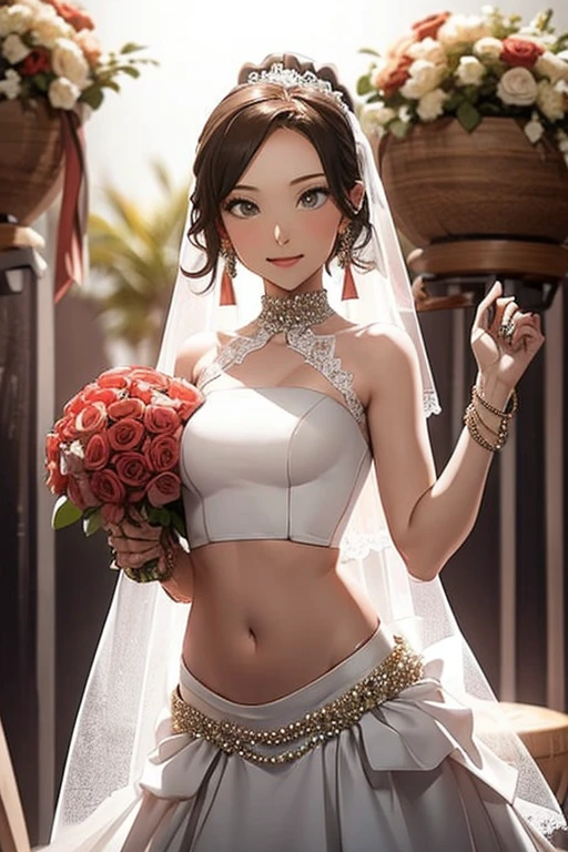 girl, crop top bridal dress showing navel, marry , holding a bouquet ,(((the groom stand next to her)))