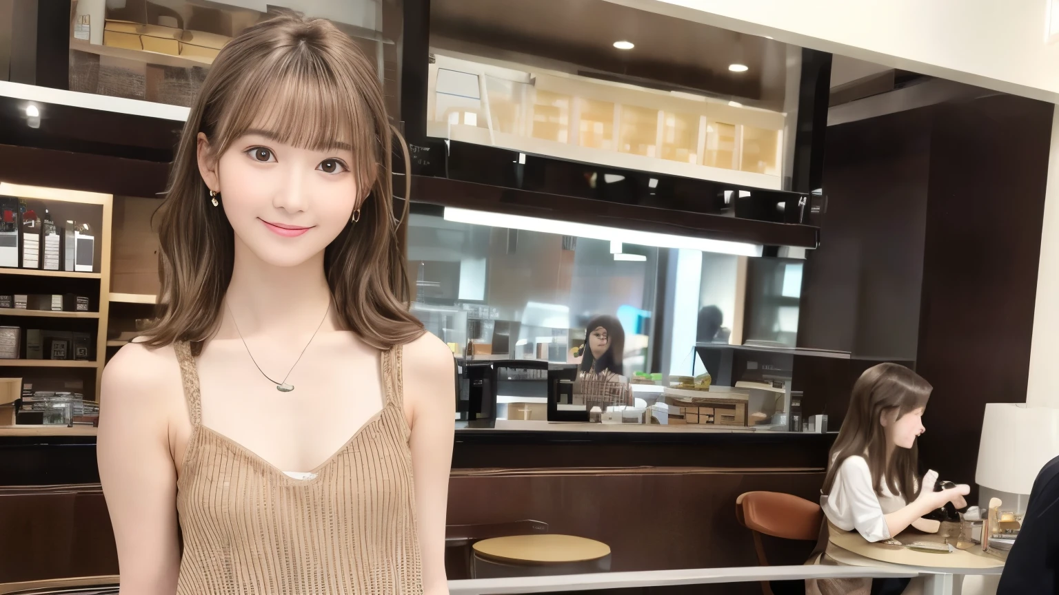 super high quality, Slender, Gravure photoshoot, The staff is working at the counter in the back., (8k、RAW Photos、highest quality、masterpiece:1.2), Japanese Idol, Brown Hair, necklace, Stylish café, The cafe is crowded with people enjoying themselves., (Realistic、Photorealistic:1.37), Mesh Hair, Golden Ratio, Raw photo, Cute face , Light Brown Hair, Earrings, Small breasts, Blurred Background, Spring Clothes, Well-designed furniture, Loose Palmer, Beautiful hairstyle, Spoiled, Open Cafe, A kind smile, Hair blowing in the wind, Neat clothes, Berry Short, 18-year-old, 

