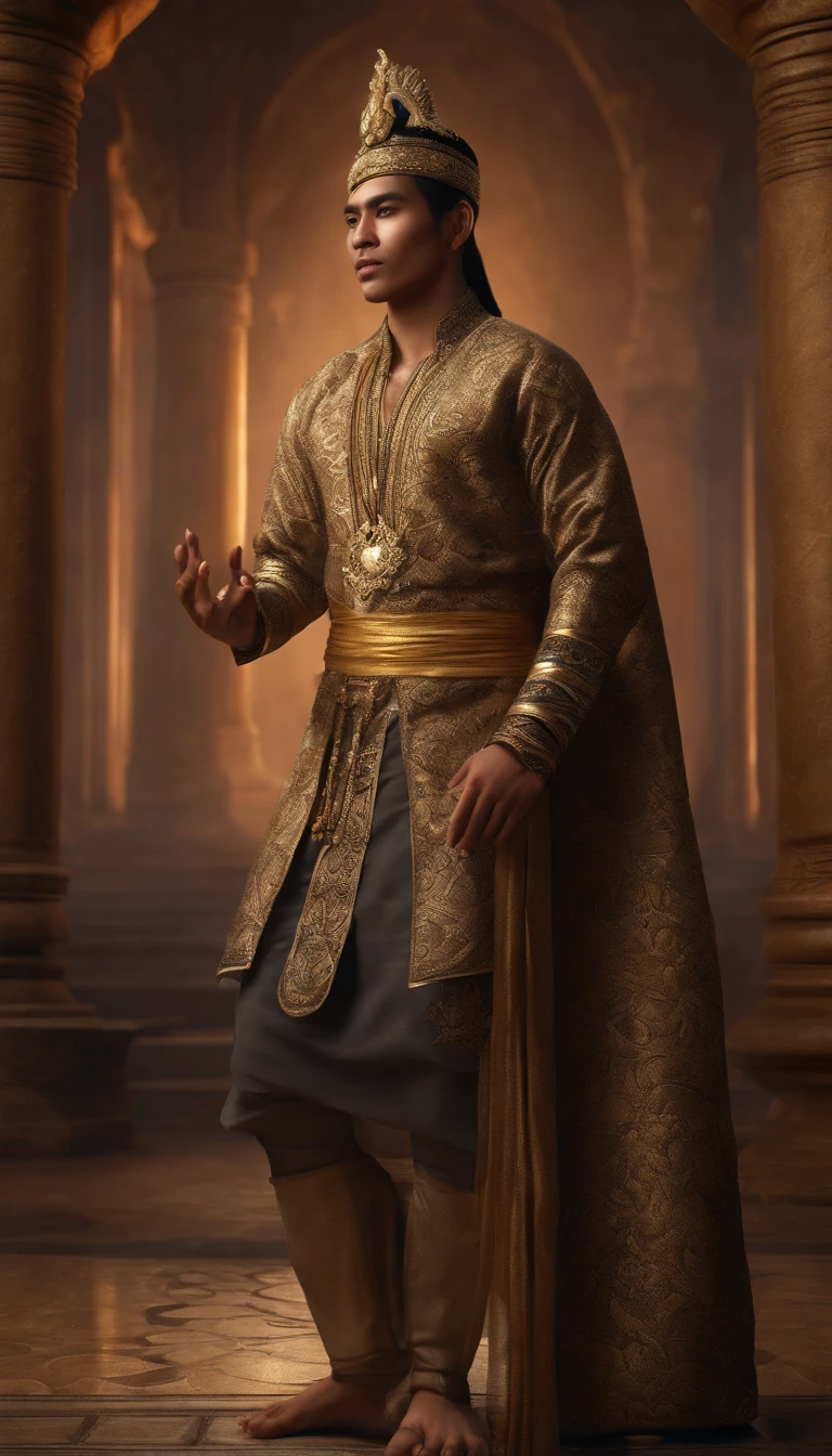 1 male, full body, Indonesian race, with a graceful and dignified look, Sundanese ethnicity, ancient Javanese, masterpiece, best quality, (face detail, ayes detail, skin texture detail, ultra body detail), realistic, 4k texture, HDR , best 8k, amazing detail, intricate detail, very detailed, very high quality, amazing detail, very detailed, soft cinematic light