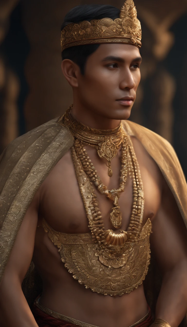 1 male, full body, Indonesian race, with a graceful and dignified look, Sundanese ethnicity, ancient Javanese, masterpiece, best quality, (face detail, ayes detail, skin texture detail, ultra body detail), realistic, 4k texture, HDR , best 8k, amazing detail, intricate detail, very detailed, very high quality, amazing detail, very detailed, soft cinematic light