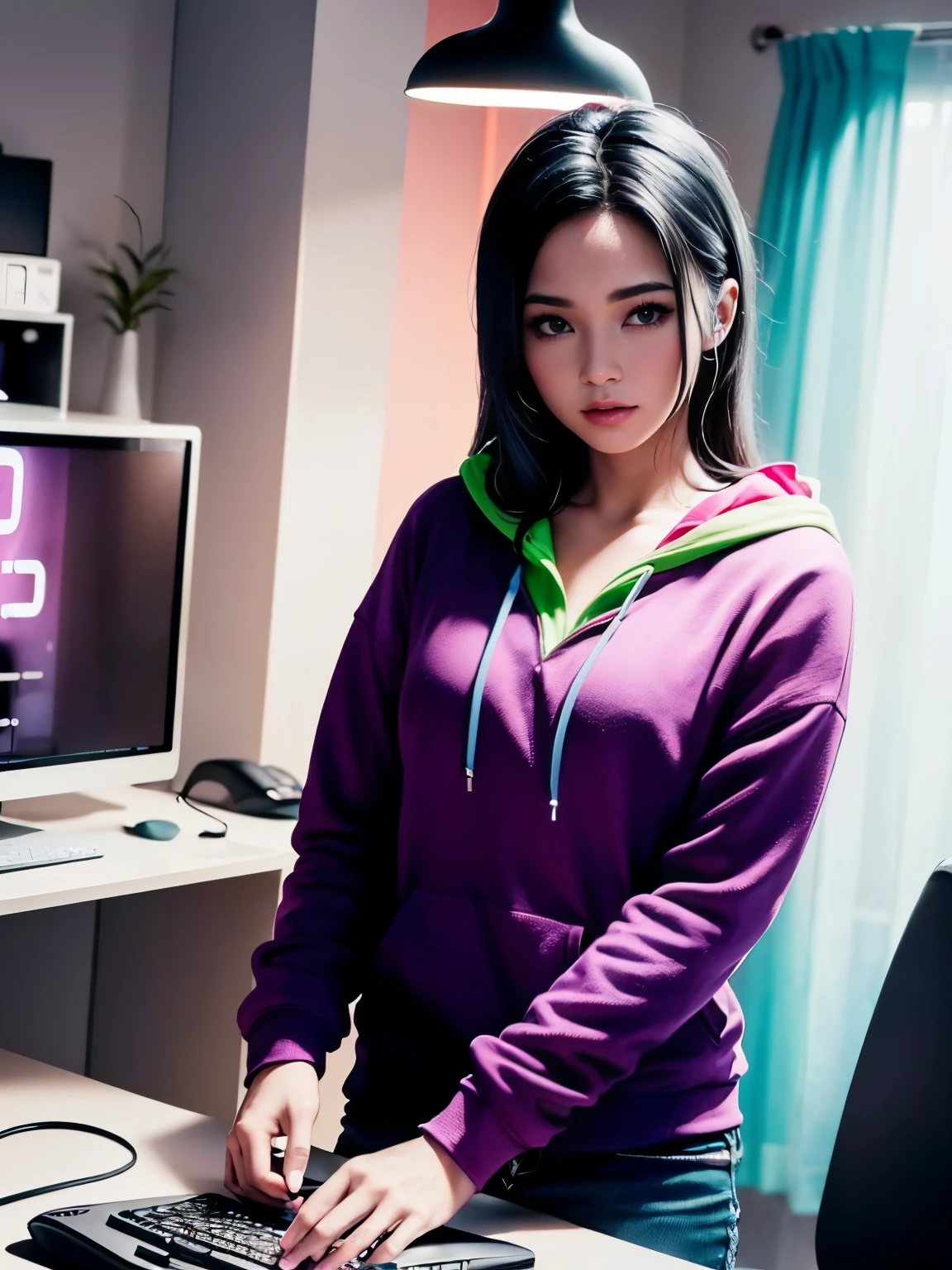 Bisscute,  francesa com cabelo escuro, (sentado em um computador usando fones de ouvido e jogando jogos, vestindo um (hoodie: 1.2) em um (neon lit room: 1.3), (gamer: 1.2), jogos, (gamer girl: 1.3), jogos, bokeh, f1.4, 40mm, fotorrealista, raw, 8k, textured skin, skin, seios pequenos, zipper neckline, detalhes intrincados, foto lateral da parte superior do corpo, 4K, 64K, midjourney, 