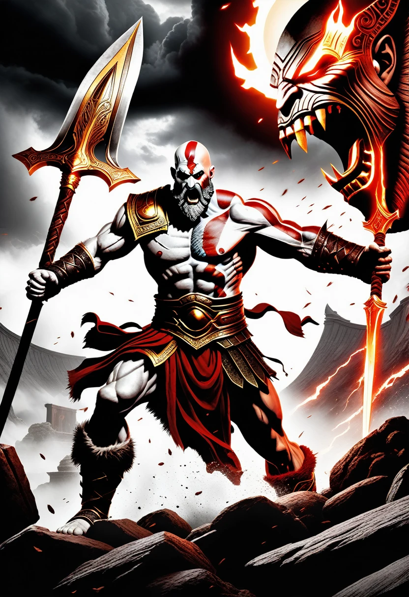 An epic battle scene between Kratos and Cronos, with the gods of Olympus all around, united in defense of their sacred home. Kratos wields his blades of chaos, while Cronos raises his gigantic hands in a furious attack.