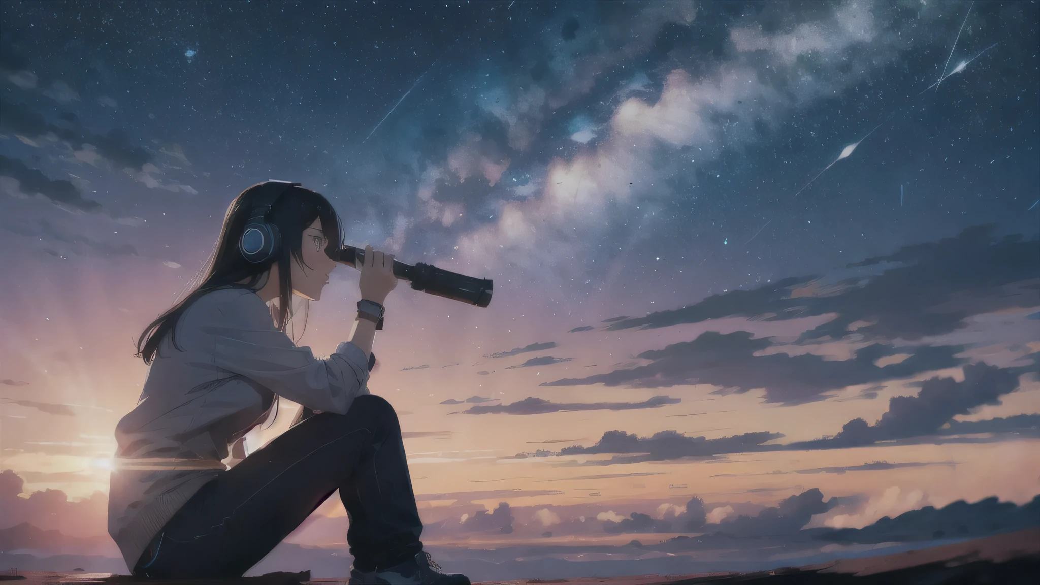 Octane, Red sunset, star (null), scenery, starnull, night, 1 girl,silhouette, Wearing headphones,nightnull, alone, Outdoor, Mountain silhouette, cloud, milky way, Sitting,Looking up at the null, ,Star,wood, Long Hair, city, run away,