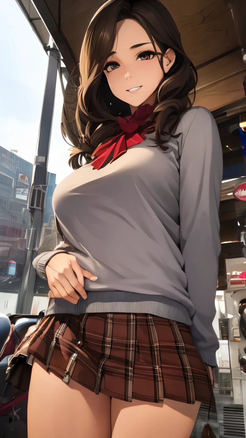 very cute and beautiful girl,Teen,(Very exquisite beautiful face and eyes:1.2),(Grey blouse),(smile),
(Red cardigan:1.2),long sleeve BREAK zettai ryouiki,(Brown shoulder bag),(Plaid brown mini skirt:1.3),
Dynamic pose,Dynamic Angle,Wavy Hair,Black Hair,(Black boots:1.2),
(yokohama:1.2),(Port town,Cityscape Overview:1.2),walking,Shopping Street,
(highest quality,masterpiece:1.2),(Intricate details),High resolution,Very detailed,Very detailedな,
alone,Natural light,Hair blowing in the wind,Beautifully detailed skies,