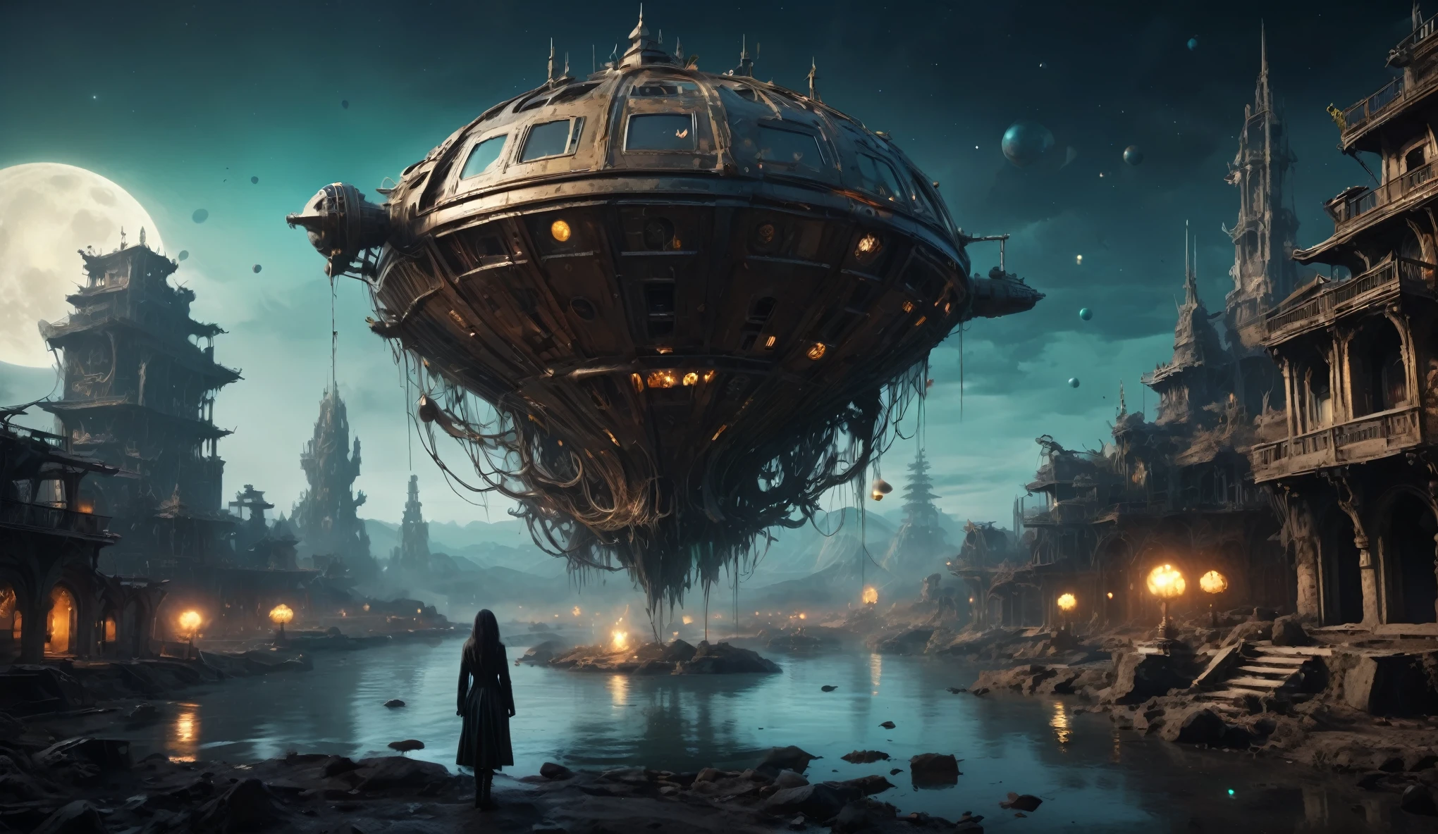 old world world after nuclear war,Intricate and detailed very old clockwork mechanical obsidian alien, (intricate mech details, ground level shot, polished metal, sci-fi, futuristic, Photorealistic, Cinematic, Hyperrealistic, hyperdetailed, splash art, intricately detailed, color depth, colorful background, a masterpiece, 8k resolution, dark fantasy concept art, dynamic lighting,Artstation, deep color, volumetric lighting,full body length,Quartz Lepidolite babygirl in national dress,pretty face,full body shot,ominous landscape,Fluorite chrysocolla atmosphere,by art Simon Stalenhag,Nicola Samori,Wangechi Mutu,prime colors,extremely detailed,masterpiece,intricate details,faded,eyes extremely detailed, high detailed eyes,4k resolution,RAW, Nikon Z9,scary town,full body length,Stone Forest in Yunnan Province of China,ultra-detailed,dark and eerie atmosphere, ethereal presence, hauntingly beautiful, ghostly figures, swirling mists, supernatural entities, demonic essence, shadowy forms, eerie whispers, sinister aura, hauntingly pale skin, dark and twisted branches, flickering candlelight, macabre elements, mysterious and enigmatic, spectral apparitions, gothic art style, hauntingly captivating, spectral realm, hauntingly melancholic, otherworldly beauty, ethereal glow, hauntingly haunting, chilling and atmospheric, eerie and ominous lighting,Impresionismo,starlight color,Fantastic abandoned Ethereal atmosphere,otherworldly charm,Mystic aura,Glowing flowers,floating petal,majestic vines,Glowing Leaves,with a calm expression,Complicated details,Exquisite features,petals in her hair,Light of the sky,harmonious colorystic energy,Surreal atmosphere,Amazing Cleavage,Sublime art,vibrant tones,captivating creationAfter the war,Maritime city,sense of science and technology,The city of the future,Spaceship wreckage,There are giant ships in the sea,Beautiful woman overlooking the ruined city