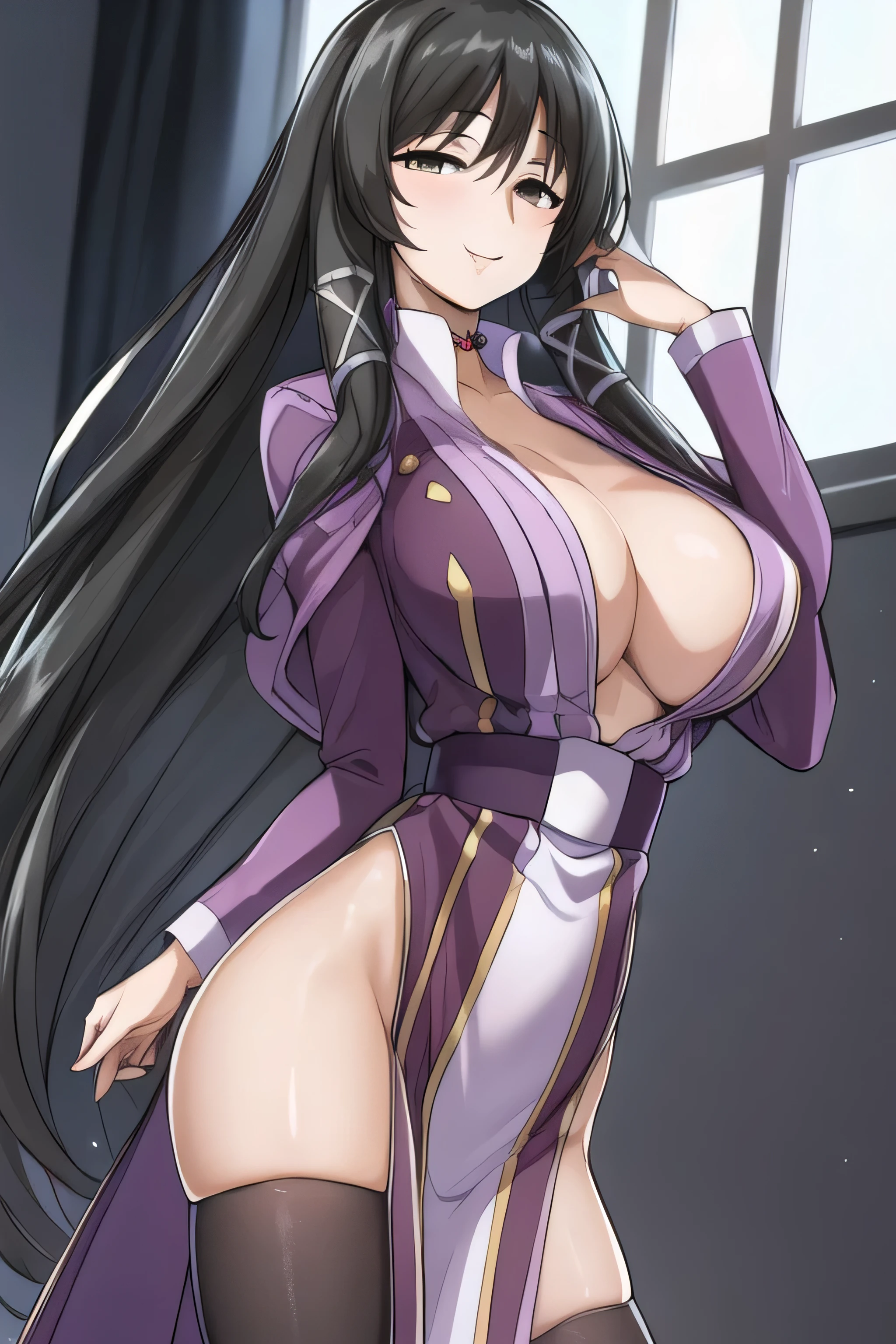 (Night:1.7), in front of a curtained window,curtains,
Standing at attention,
purple outfit,checkered legwear, checkered skirt,thighhighs,argyle legwear,
jewelry,necklace,
black hair,Yellow eyes,very long hair,
1 girl, 24yo,mature female,Beautiful Finger,Beautiful long legs,Beautiful body,Beautiful Nose,Beautiful character design, perfect eyes, perfect face,
looking at viewer, in the center of the image,(Upper_body),(Focus on her face),
NSFW,official art,extremely detailed CG unity 8k wallpaper, perfect lighting,Colorful, Bright_Front_face_Lighting,smile,
(masterpiece:1.0),(best_quality:1.0), ultra high res,4K,ultra-detailed,
photography, 8K, HDR, highres, absurdres:1.2, Kodak portra 400, film grain, blurry background, bokeh:1.2, lens flare, (vibrant_color:1.2),offical art,
(Beautiful,large_Breasts:1.0), (beautiful_face:1.5),(narrow_waist),