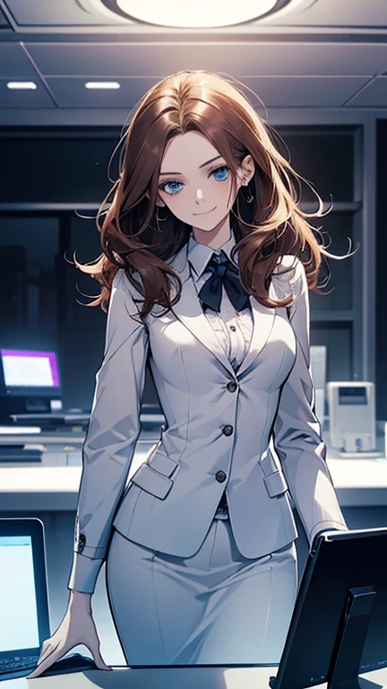 (highest quality,High resolution,Very detailed),1 girl, Beautiful and elegant light blue eyes, Brown Hair, Cold Smile,Medium Hair, Wearing a suit,secretary, Mature Woman, Age 25,Cruel smile, Calm and Calm, Slim figure,Small breasts, Pale complexion, thin, Calm, In the lab,You are operating a tablet

