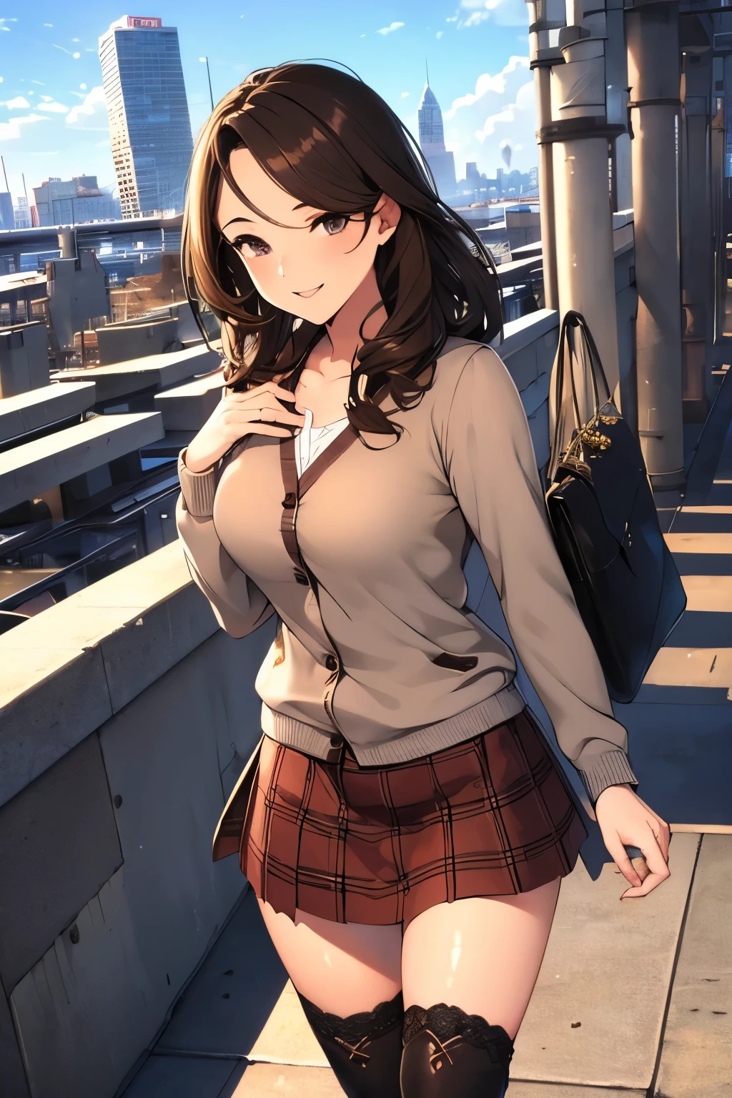 very cute and beautiful girl,Teen,(Very exquisite beautiful face and eyes:1.2),(Grey blouse),(smile),
(Red cardigan:1.2),long sleeve BREAK zettai ryouiki,(Brown shoulder bag),(Plaid brown mini skirt:1.3),
Dynamic pose,Dynamic Angle,Wavy Hair,Black Hair,(Black boots:1.2),
(yokohama:1.2),(Port town,Cityscape Overview:1.2),walking,Shopping Street,
(highest quality,masterpiece:1.2),(Intricate details),High resolution,Very detailed,Very detailedな,
alone,Natural light,Hair blowing in the wind,Beautifully detailed skies,