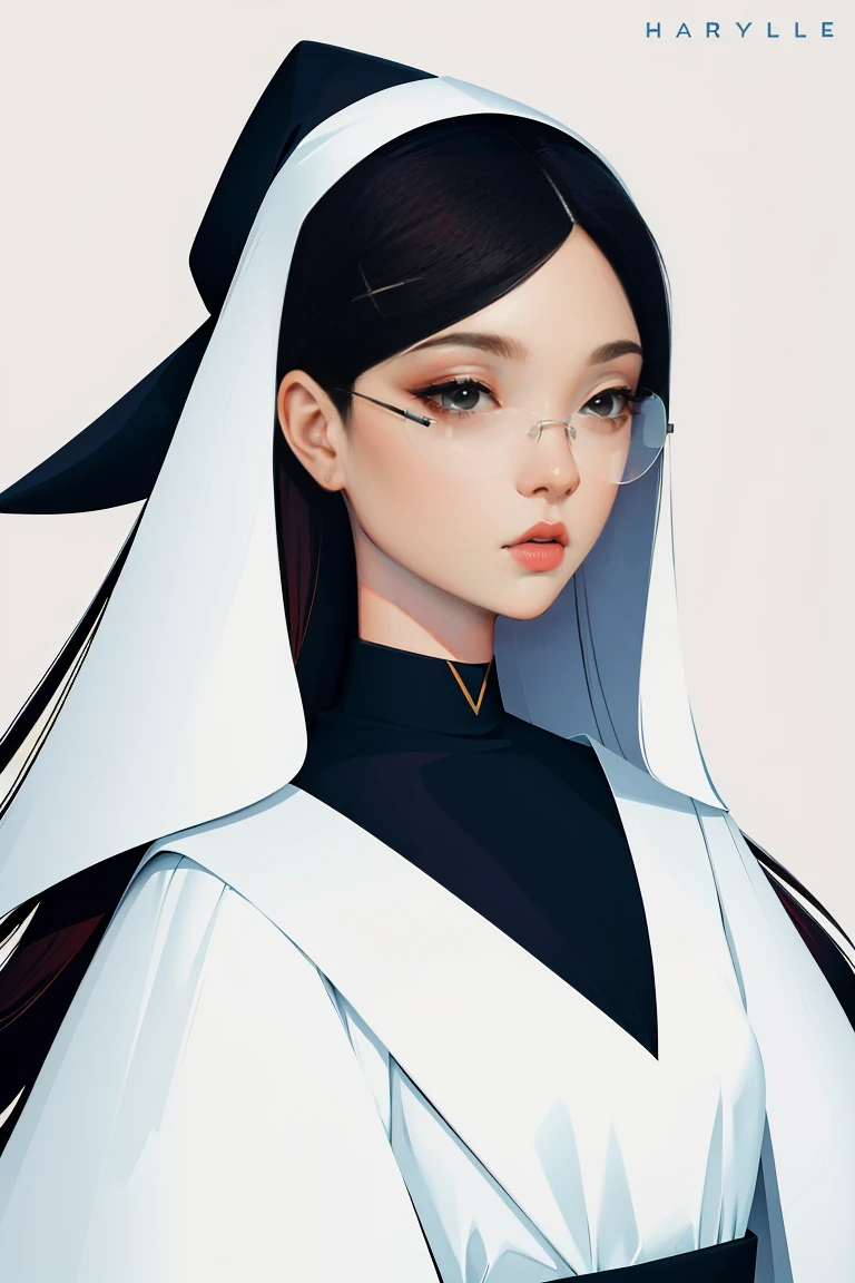 character design of a girl (masterpiece:1.2, best quality), no background, 1lady, solo, (shiny skin:1.2), upper body, white color scheme, witch outfit, witch hat, glasses, straight long black and brown hair styled in hime-cut hair, character concept art, harajuku style, hair pin,