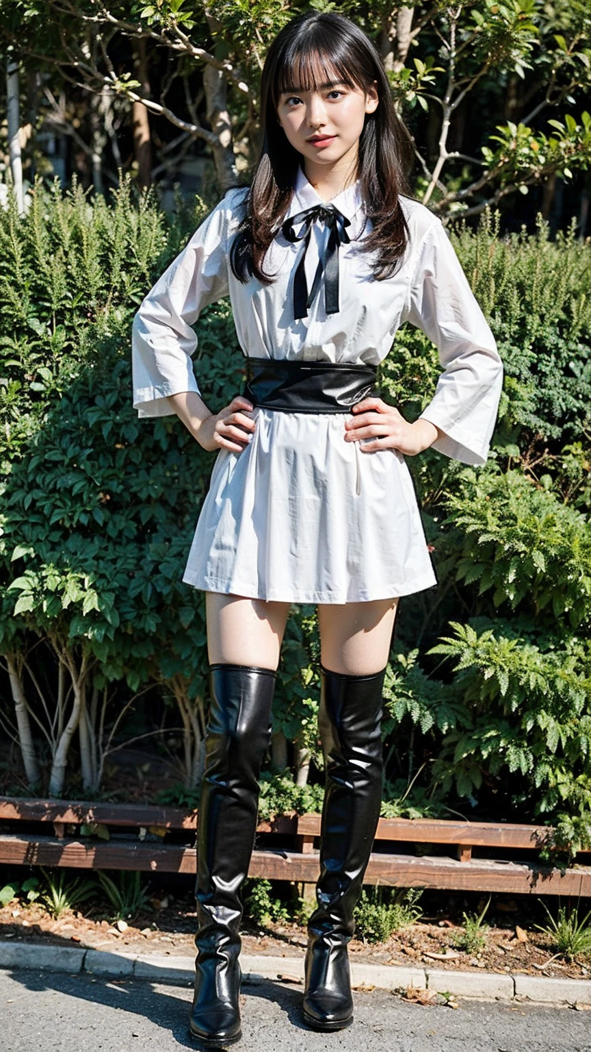 (8k、RAW Photos、highest quality、masterpiece:1.2)、(Realistic、Realistic)、1 girl、((Black Costume、armor、ribbon、Anime Cosplay、boots、See-through、mini skirt、Large Breasts、View from the front、in the forest、Standing with hands on hips))、Lots of eyelashes、Glowing eyelids、skeletally correct