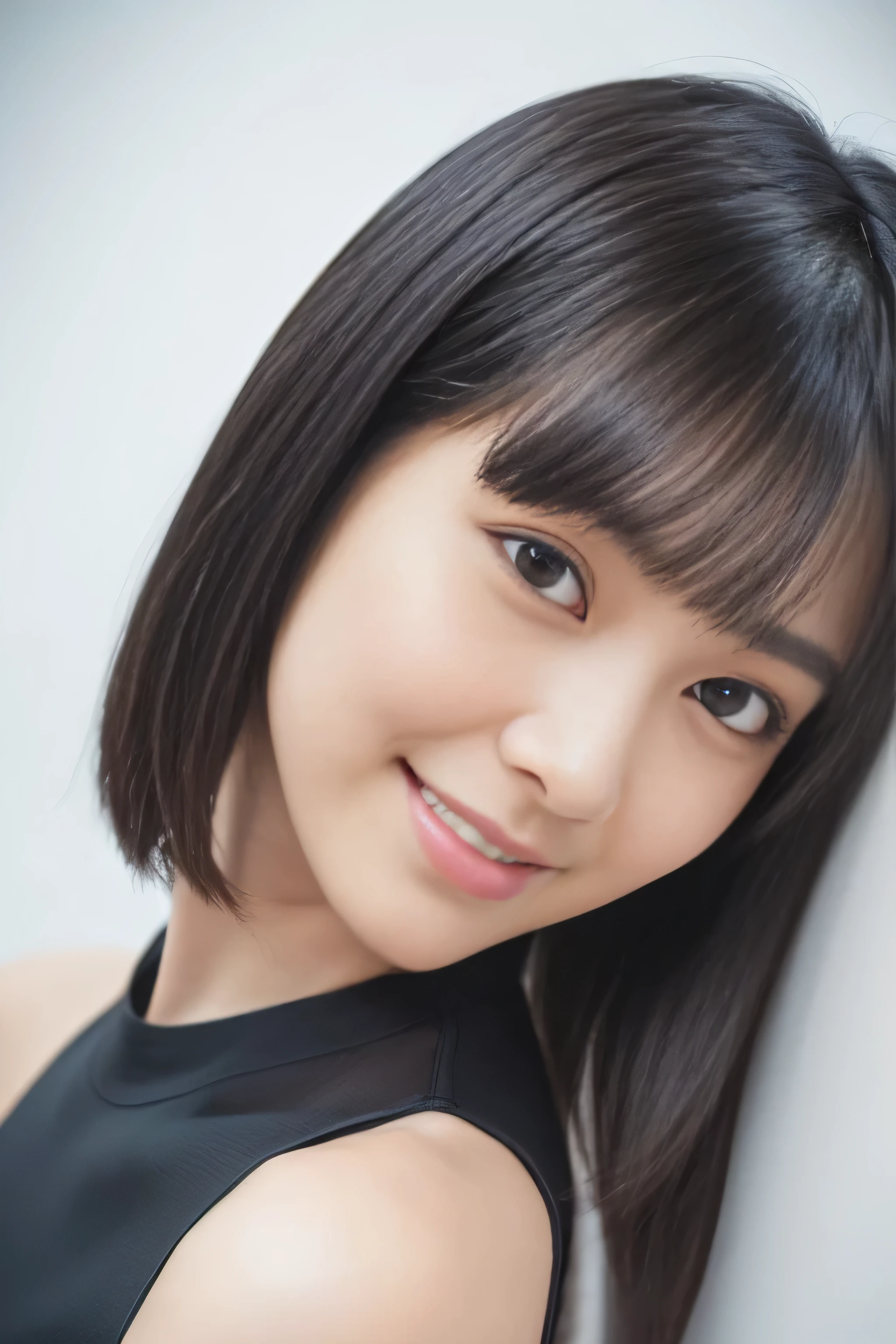 (Pure white wall background) (One of the most beautiful 24-year-old women in Japan) (Looking at the viewer with a very happy expression) ((Her hair is incredibly straight、Very shiny、Beautiful as silk、A jet black bob cut with attention to detail, Thin Hair, And it's plentiful.)) (From above) ((highest quality)), ((masterpiece)), (Familiar) (Get used to it) Perfect Face (Her skin is a typical Japanese skin color...、Very detailed) (Big Breasts) (she'wearing a shiny white silk shirt) (Her face is slim and dignified..., length, Narrow eyes..々Nice face) (Her bangs Well organized) (she has perfect beautiful makeup Lipstick is light red A solid eyeliner) ((Rich 1.4)) (Extremely detailed 8K) (Stable Diffusion Model) (Ultra-fine skin texture 1.4) (Actual, Vibrant:1.4), double eyelid Sharp focus:1.2、Beautiful woman:1.4 Dynamic Lighting (Genuine RAW photos taken by professional photographers) (she's long bangs, Reaching for her eyes, Well organized) (Turn your whole body to the viewer) Professionally lit from the front (Her hair is jet black.) (Her hair is jet black.) (Her hair is jet black.)