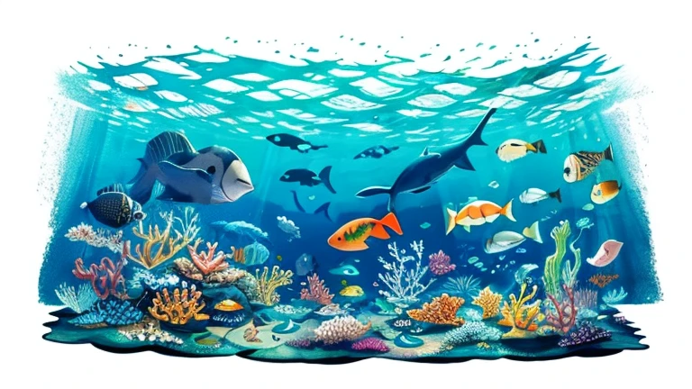 Ink Painting「Creatures of the Ocean Floor」 prompt: Creatures of the Ocean Floorの風景を描く。
