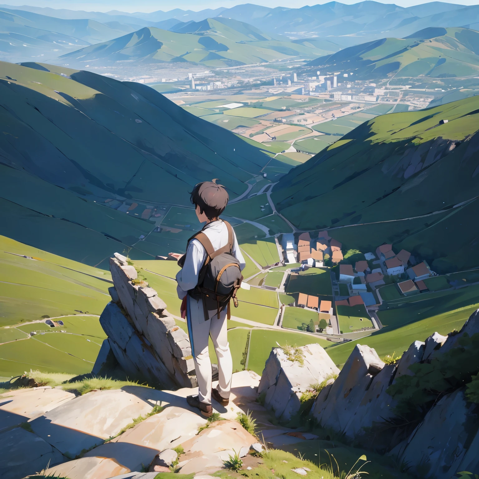 1 boy standing on top of a mountain looking down on the village in between valleys