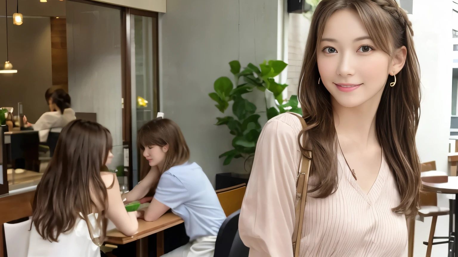 super high quality, Slender, Gravure photoshoot, The staff is working at the counter in the back., (8k、RAW Photos、highest quality、masterpiece:1.2), Japanese Idol, Brown Hair, necklace, Stylish café, The cafe is crowded with people enjoying themselves., (Realistic、Photorealistic:1.37), Mesh Hair, Golden Ratio, Raw photo, Cute face , Light Brown Hair, Earrings, Small breasts, Blurred Background, Spring Clothes, Well-designed furniture, Loose Palmer, Beautiful hairstyle, Spoiled, Open Cafe, A kind smile, Hair blowing in the wind, Neat clothes, Berry Short, 18-year-old, Gal Fashion, 

