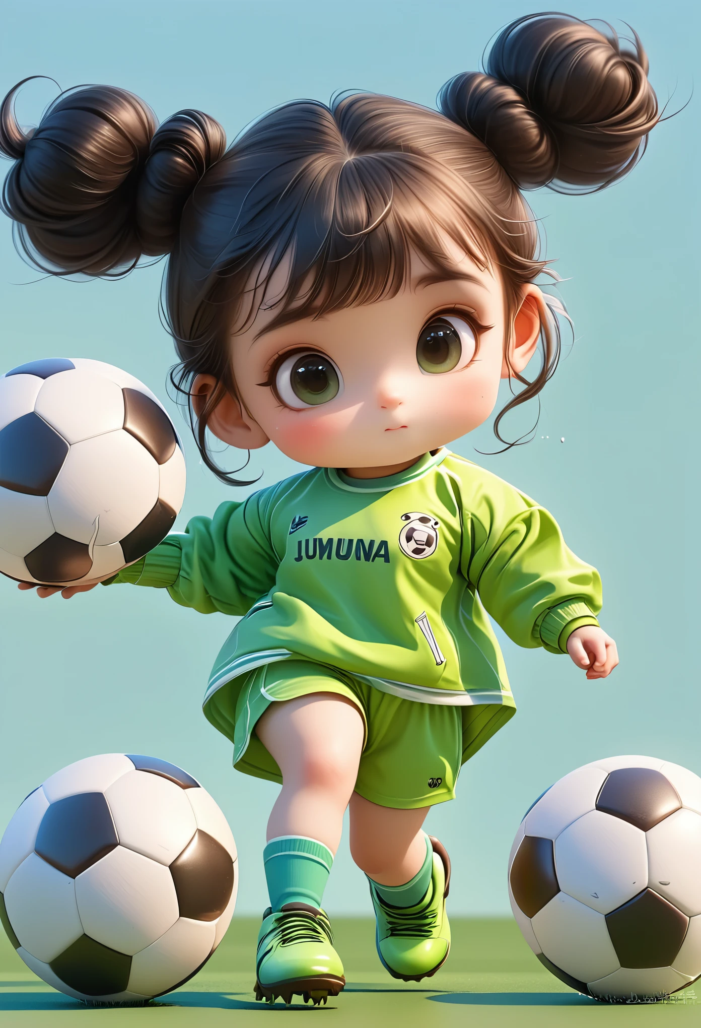 3D，1 Girl，2 buns，play soccer，Sportswear Set，Cartoon Style