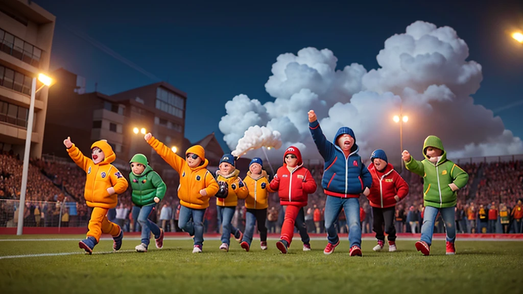 Ultrarealistic walking football hooligans, clad in yellow-green jackets with hoodies and masks, make their way toward the football stadium. Waving Slovakian flags in hand, they ignite flares as they march, casting an orange and red glow against the night sky. The scene is captured from a bird's-eye perspective, as a drone hovers above, capturing every detail of their passionate and intense display of team spirit. The image is rendered in the highest resolution, with each hooligan's facial features intricately modeled, their jackets textured with every stitch visible, and the smoke from the flares swirling around them in detailed, lifel