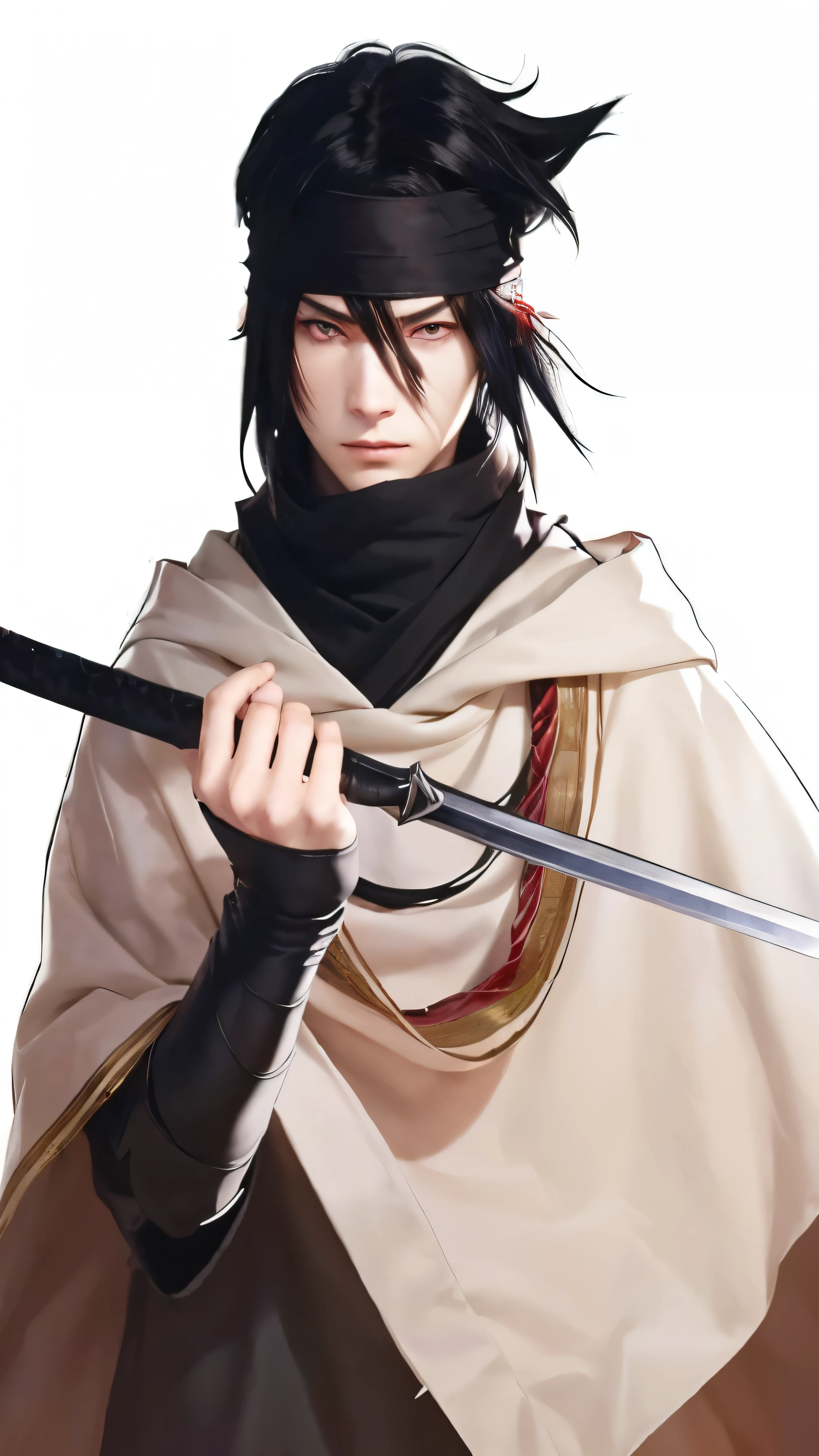 1boy, male_focus, weapon, solo, black_hair, heterochromia, red_eyes, sword, cloak, uchiha_sasuke, white_background, simple_background, holding_weapon, holding, headband