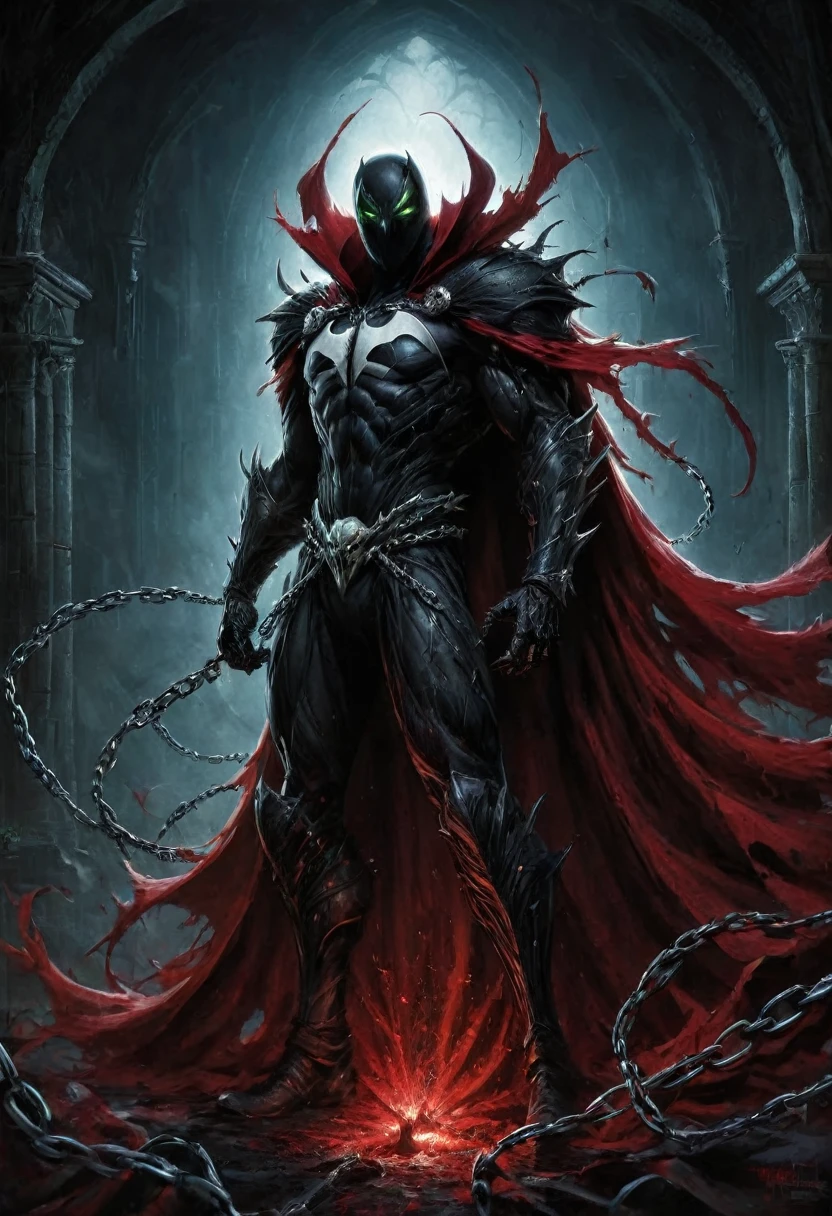 In Casey Bowe's memorable style, Spawn's gothic body is composed almost entirely of necroplasm. A substance that came from hell, Spawn's red cloak. His cloak is very aesthetic and deadly. The chains, cape and black suit are part of a sentient parasitic organism known as K7-Lita, a parasite from hell,
which attaches itself to the nervous system of its hosts and emerges from the depths of darkness. Its essence is a fascinating mixture. mystery and horror charm. His piercing eyes radiate a mysterious presence that draws viewers into his world. Baugh's brush imbues the painting with a unique combination of realism and abstraction,
highlighting the subtle features of Spawn's face and contrasting them against the background of deep, rich shades. The interaction of light and shadow gives the painting depth and volume, creating a hauntingly beautiful image of this Gothic painting. Bow's distinctive style captures the essence of Spawn's mysterious nature, inviting competition.