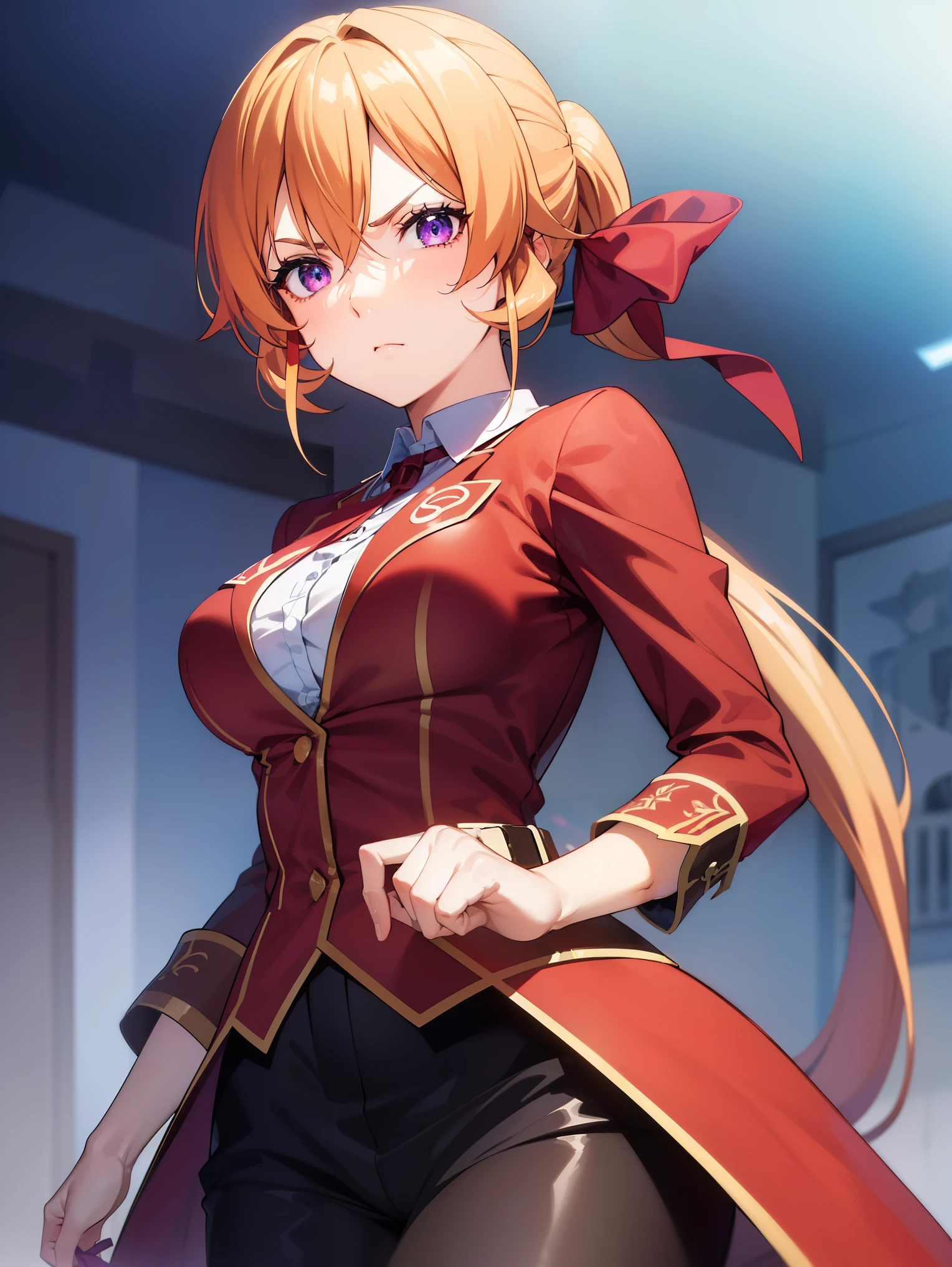 erinanakiri, erina nakiri, long hair, orange hair, (purple eyes:1.1), hair between eyes, frown, angry,
BREAK (red ribbon, red sleeves, ribbon,ponytail:1.2),
BREAK cowboy shot, front view:1.0, looking at viewer, looking away,
BREAK (masterpiece:1.2), best quality, high resolution, unity 8k wallpaper, (illustration:0.8), (beautiful detailed eyes:1.6), extremely detailed face, perfect lighting, extremely detailed CG, (perfect hands, perfect anatomy),