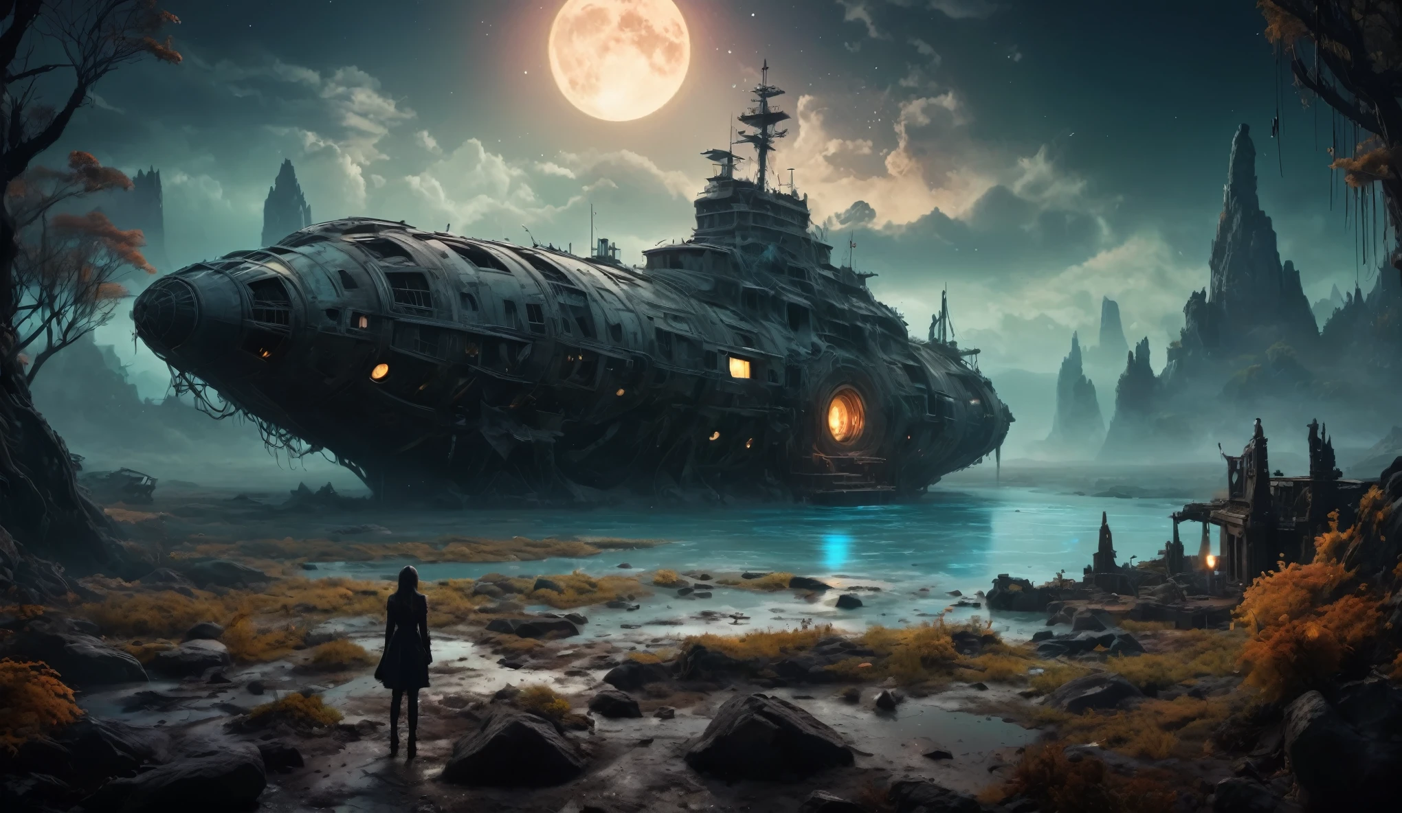 old world world after nuclear war,Intricate and detailed very old clockwork mechanical obsidian alien, (intricate mech details, ground level shot, polished metal, sci-fi, futuristic, Photorealistic, Cinematic, Hyperrealistic, hyperdetailed, splash art, intricately detailed, color depth, colorful background, a masterpiece, 8k resolution, dark fantasy concept art, dynamic lighting,Artstation, deep color, volumetric lighting,full body length,Quartz Lepidolite girl in national dress,pretty face,full body shot,ominous landscape,Fluorite chrysocolla atmosphere,by art Simon Stalenhag,Nicola Samori,Wangechi Mutu,prime colors,extremely detailed,masterpiece,intricate details,faded,eyes extremely detailed, high detailed eyes,4k resolution,RAW, Nikon Z9,scary town,full body length,Stone Forest in Yunnan Province of China,ultra-detailed,dark and eerie atmosphere, ethereal presence, hauntingly beautiful, ghostly figures, swirling mists, supernatural entities, demonic essence, shadowy forms, eerie whispers, sinister aura, hauntingly pale skin, dark and twisted branches, flickering candlelight, macabre elements, mysterious and enigmatic, spectral apparitions, gothic art style, hauntingly captivating, spectral realm, hauntingly melancholic, otherworldly beauty, ethereal glow, hauntingly haunting, chilling and atmospheric, eerie and ominous lighting,Impresionismo,starlight color,Fantastic abandoned Ethereal atmosphere,otherworldly charm,Mystic aura,Glowing flowers,floating petal,majestic vines,Glowing Leaves,with a calm expression,Complicated details,Exquisite features,petals in her hair,Light of the sky,harmonious colorystic energy,Surreal atmosphere,Amazing Cleavage,Sublime art,vibrant tones,captivating creationAfter the war,Maritime city,sense of science and technology,The city of the future,Spaceship wreckage,There are giant ships in the sea,Beautiful woman overlooking the ruined city