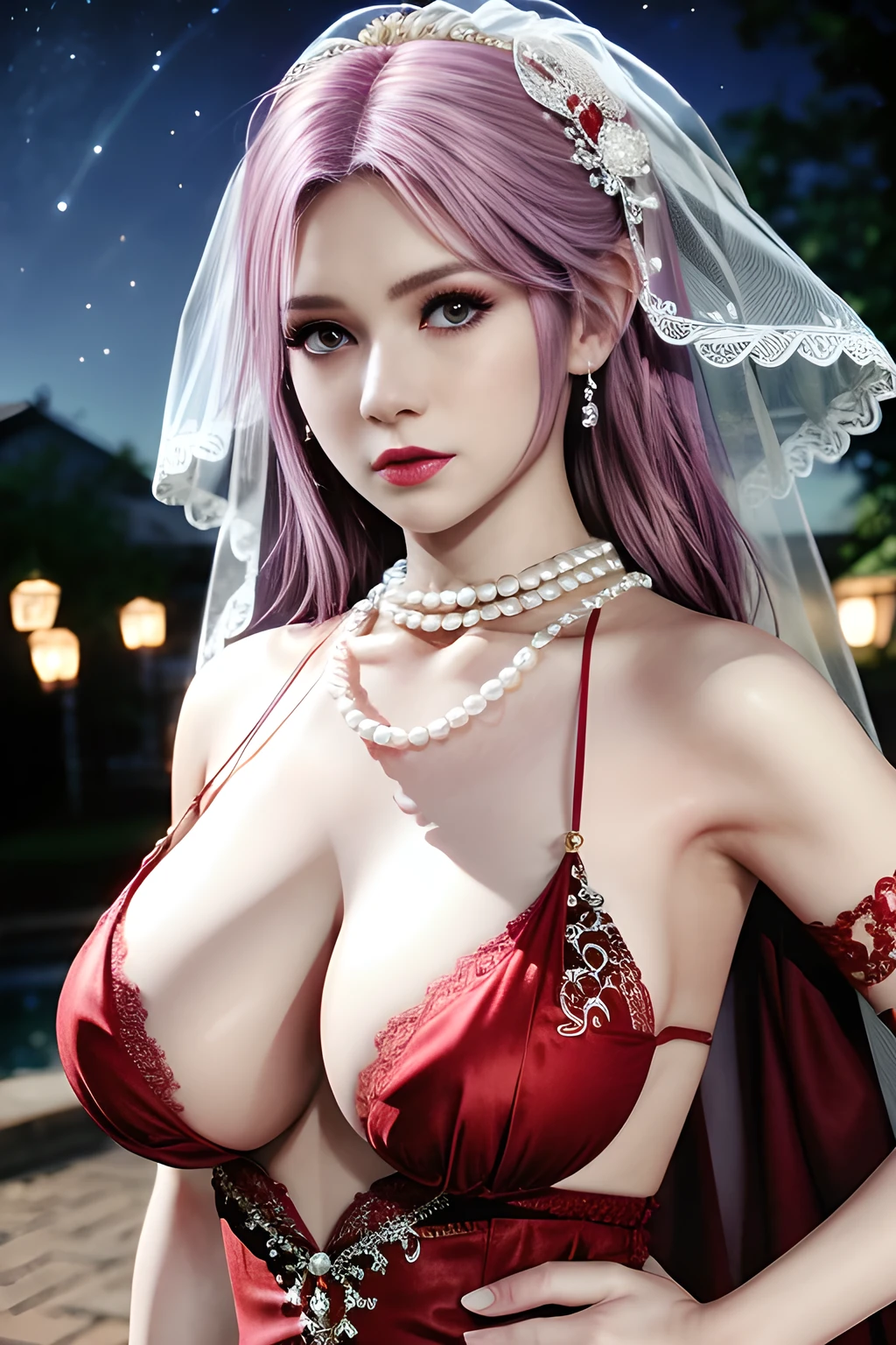 1 girl,lean over ,(Wearing Wedding Dress:1.2) ,(Wearing Jewel:1.2) ,( red lace_dress:1.3),(Fluffs ),(pearl bodychain:1.3),outdoor,elegant,nighttime,moonlighe,shiny skin,( huge breasts), lip gloss,tattoos, masterpiece, best quality, realistic ,Surrealism,natural colors art in 8k,soft shadows,Portrait art,solo,  elise,