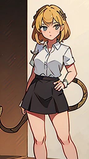 Standing in a snakeskin skirt