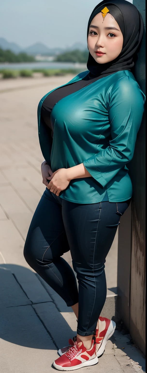 1 chinese-Indonesian girl, modern plain hijab, shy, medium portrait, watery eyes, wearing blue dark green kebaya, ((big breasts)), black bokeh background, well-proportioned body,, chubby massive thighs, full body pose, Hena art on the body, hena art on arms, full body view , wearing red sneakers , fat legs