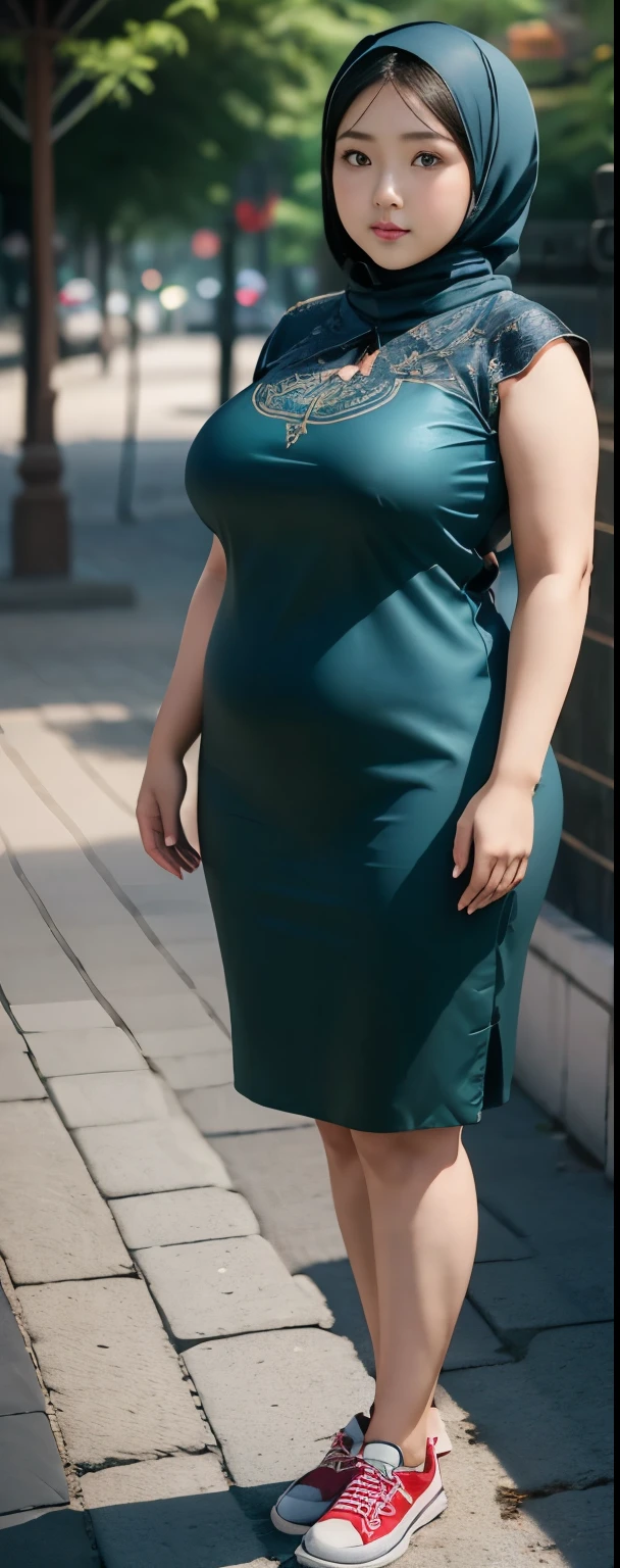 1 chinese-Indonesian girl, modern plain hijab, shy, medium portrait, watery eyes, wearing blue dark green kebaya, ((big breasts)), black bokeh background, well-proportioned body,, chubby massive thighs, full body pose, Hena art on the body, hena art on arms, full body view , wearing red sneakers , fat legs