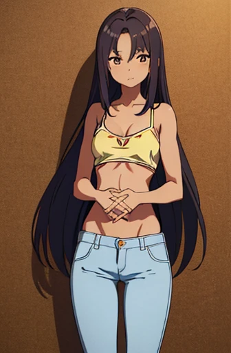 ((best quality)), ((masterpiece)), (detailed), perfect face, brown skin anime girl in a deep V Neck crossover spaghetti strap cami top, (jeans trousers), famished in hunger, (gently resting hands on stomach), (long hair), (hands on her stomach)
