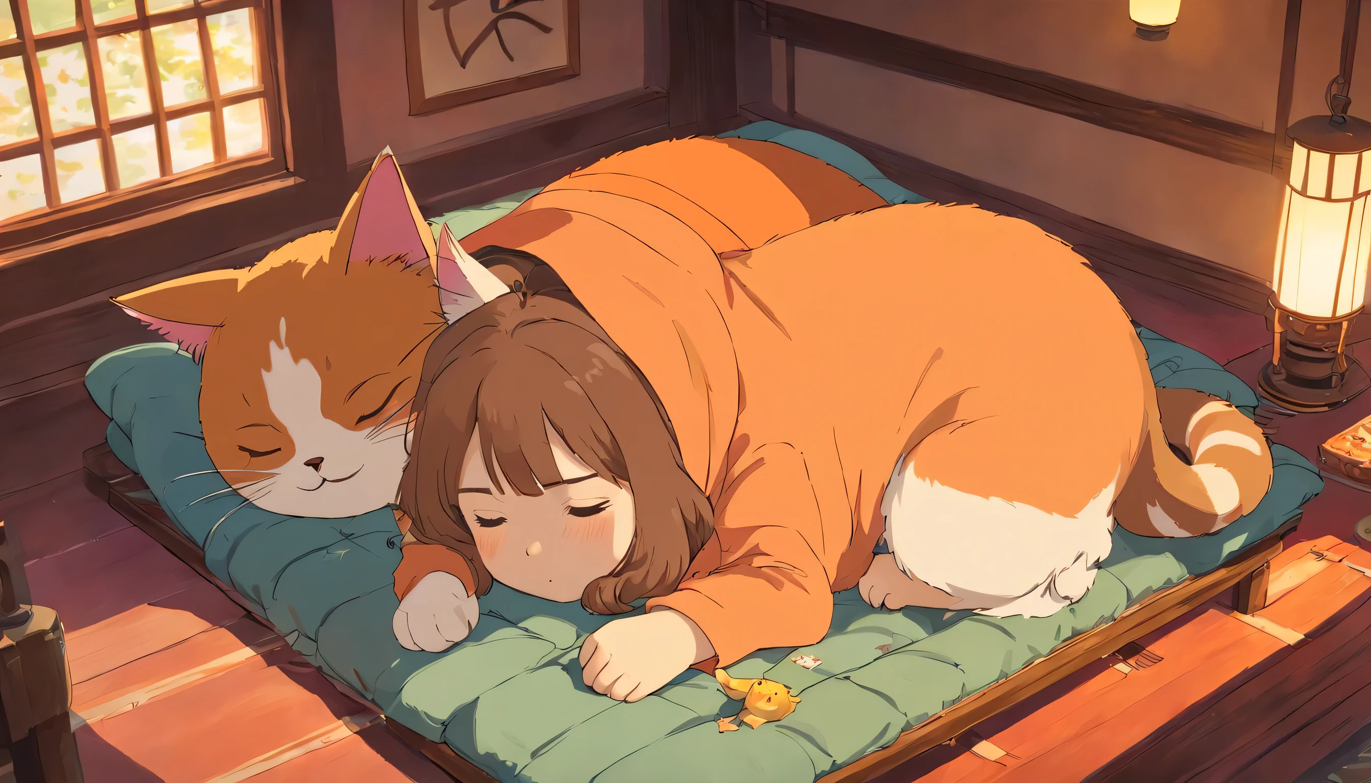 A girl sleeping in a kotatsu, Falling asleep, comfortable, Cats sleeping together
