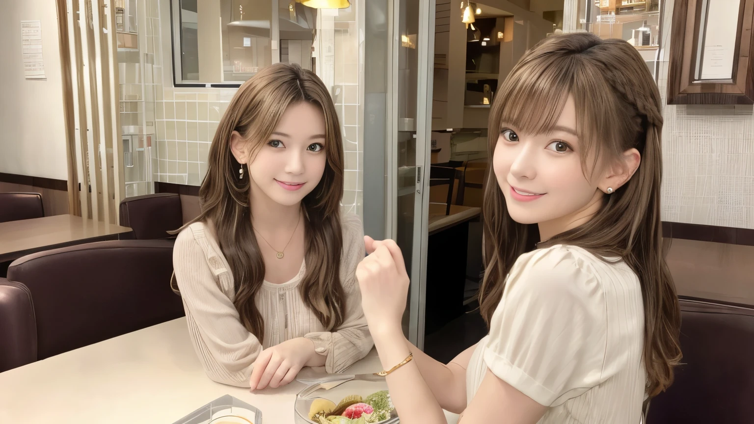 super high quality, Slender, Gravure photoshoot, The staff is working at the counter in the back., (8k、RAW Photos、highest quality、masterpiece:1.2), Japanese Idol, Brown Hair, necklace, Stylish café, The cafe is crowded with people enjoying themselves., (Realistic、Photorealistic:1.37), Mesh Hair, Golden Ratio, Raw photo, Cute face , Light Brown Hair, Earrings, Small breasts, Blurred Background, Spring Clothes, Well-designed furniture, Loose Palmer, Beautiful hairstyle, Spoiled, Open Cafe, A kind smile, Hair blowing in the wind, Neat clothes, Berry Short, 18-year-old, Gal Fashion,