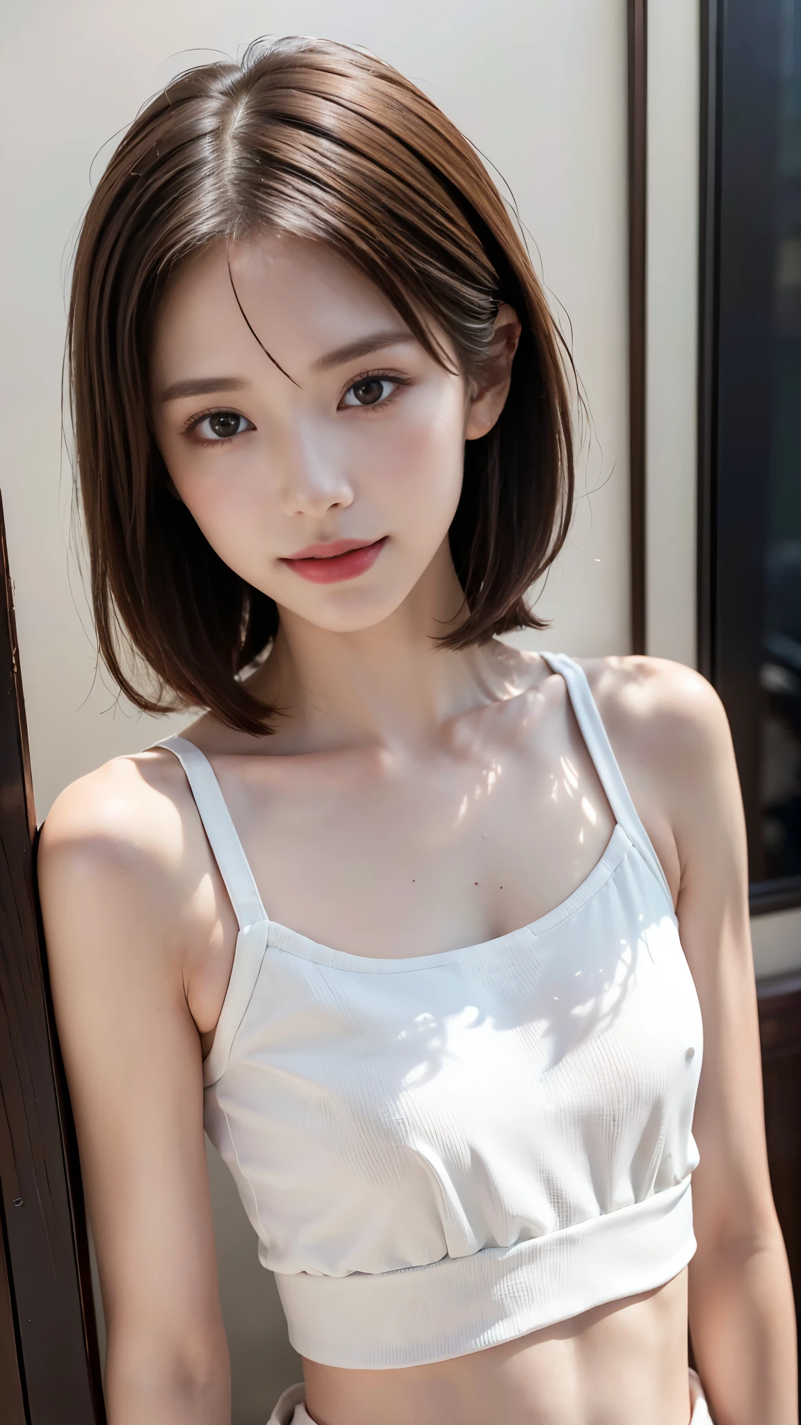 beautiful girl, (Baby Face:1.3), (Small and slender figure), ((whole body:1.5)), (Slender body line), Medium Bob Cut, (Trendy high school girl fashion:1.5), (Close-fitting outfit:1.3), (A sly smile:1.3), (Smooth clavicle:1.3), (double eyelid), (Heart-shaped pupils:1.3), (Natural Lip Gloss:1.2), (Brown hair with dazzling highlights:1.3), (Silky straight hair:1.3), (Tight waist:1.3), (Detailed eyes:1.3), (Attractive big eyes:1.3), (Smooth and fair skin:1.3), (Best Looks:1.3), (Beautiful armpit shape:1.3), (Detailed skin texture), (Parting the bangs), (Photorealistic:1.4), (Professional Lighting), (Accurate Shadows:1.2), (looking at the camera:1.2), (((Highest quality, Ultra high definition, Masterpiece))), (Perfect Anatomy), (Beautifully shaped nose:1.3)