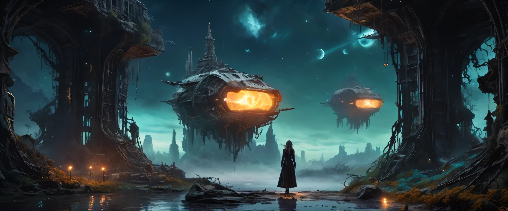 old world world after nuclear war,Intricate and detailed very old clockwork mechanical obsidian alien, (intricate mech details, ground level shot, polished metal, sci-fi, futuristic, Photorealistic, Cinematic, Hyperrealistic, hyperdetailed, splash art, intricately detailed, color depth, colorful background, a masterpiece, 8k resolution, dark fantasy concept art, dynamic lighting,Artstation, deep color, volumetric lighting,full body length,Quartz Lepidolite babygirl in national dress,pretty face,full body shot,ominous landscape,Fluorite chrysocolla atmosphere,by art Simon Stalenhag,Nicola Samori,Wangechi Mutu,prime colors,extremely detailed,masterpiece,intricate details,faded,eyes extremely detailed, high detailed eyes,4k resolution,RAW, Nikon Z9,scary town,full body length,Stone Forest in Yunnan Province of China,ultra-detailed,dark and eerie atmosphere, ethereal presence, hauntingly beautiful, ghostly figures, swirling mists, supernatural entities, demonic essence, shadowy forms, eerie whispers, sinister aura, hauntingly pale skin, dark and twisted branches, flickering candlelight, macabre elements, mysterious and enigmatic, spectral apparitions, gothic art style, hauntingly captivating, spectral realm, hauntingly melancholic, otherworldly beauty, ethereal glow, hauntingly haunting, chilling and atmospheric, eerie and ominous lighting,Impresionismo,starlight color,Fantastic abandoned Ethereal atmosphere,otherworldly charm,Mystic aura,Glowing flowers,floating petal,majestic vines,Glowing Leaves,with a calm expression,Complicated details,Exquisite features,petals in her hair,Light of the sky,harmonious colorystic energy,Surreal atmosphere,Amazing Cleavage,Sublime art,vibrant tones,captivating creationAfter the war,Maritime city,sense of science and technology,The city of the future,Spaceship wreckage,There are giant ships in the sea,Beautiful woman overlooking the ruined city