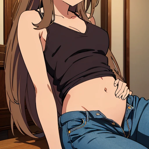 ((best quality)), ((masterpiece)), (detailed), perfect face, brown skin anime woman in a deep V-neck tied top, (bare shoulders), (bare arms), (jeans), (long hair), starving, (resting hands on the stomach), (hands on the stomach)